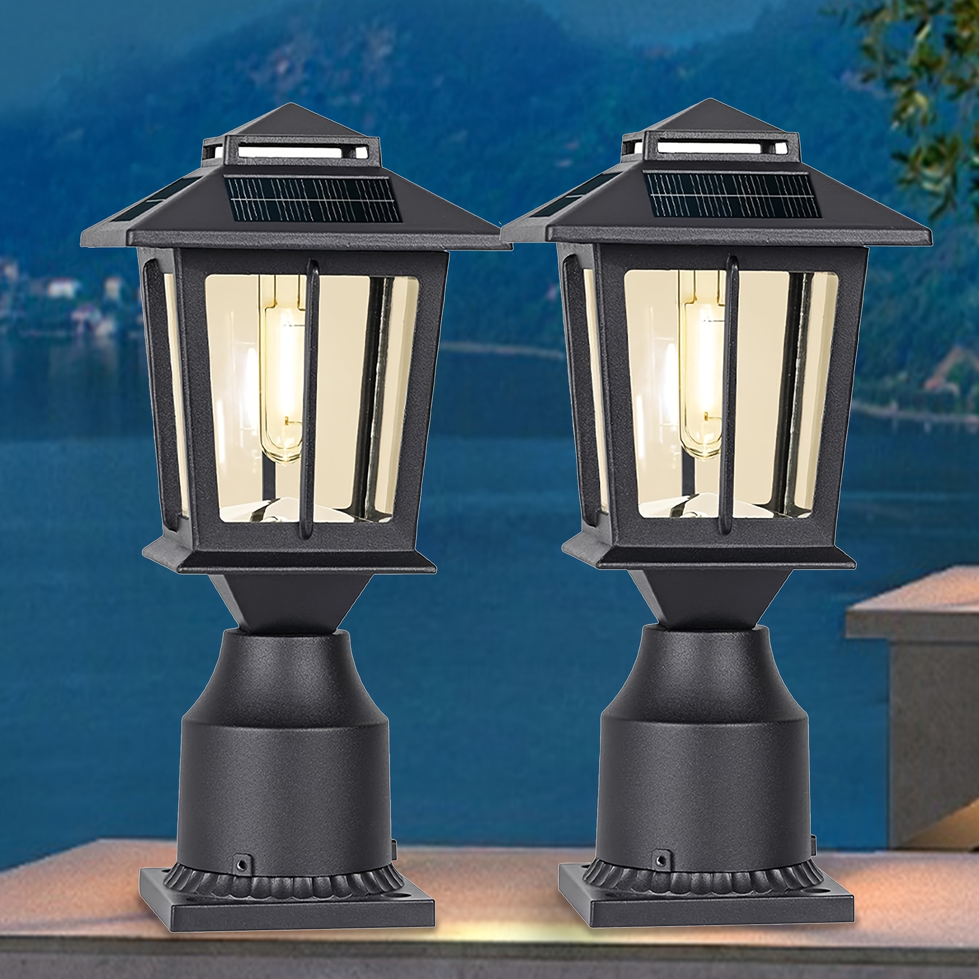 TEMU 2 Pack Solar Post Lights, Ip44 Solar Outdoor Light, Solar Lights With Glass Shade For Fence, Patio, Post Decor, Matte Black A Set Lawn Courtyard