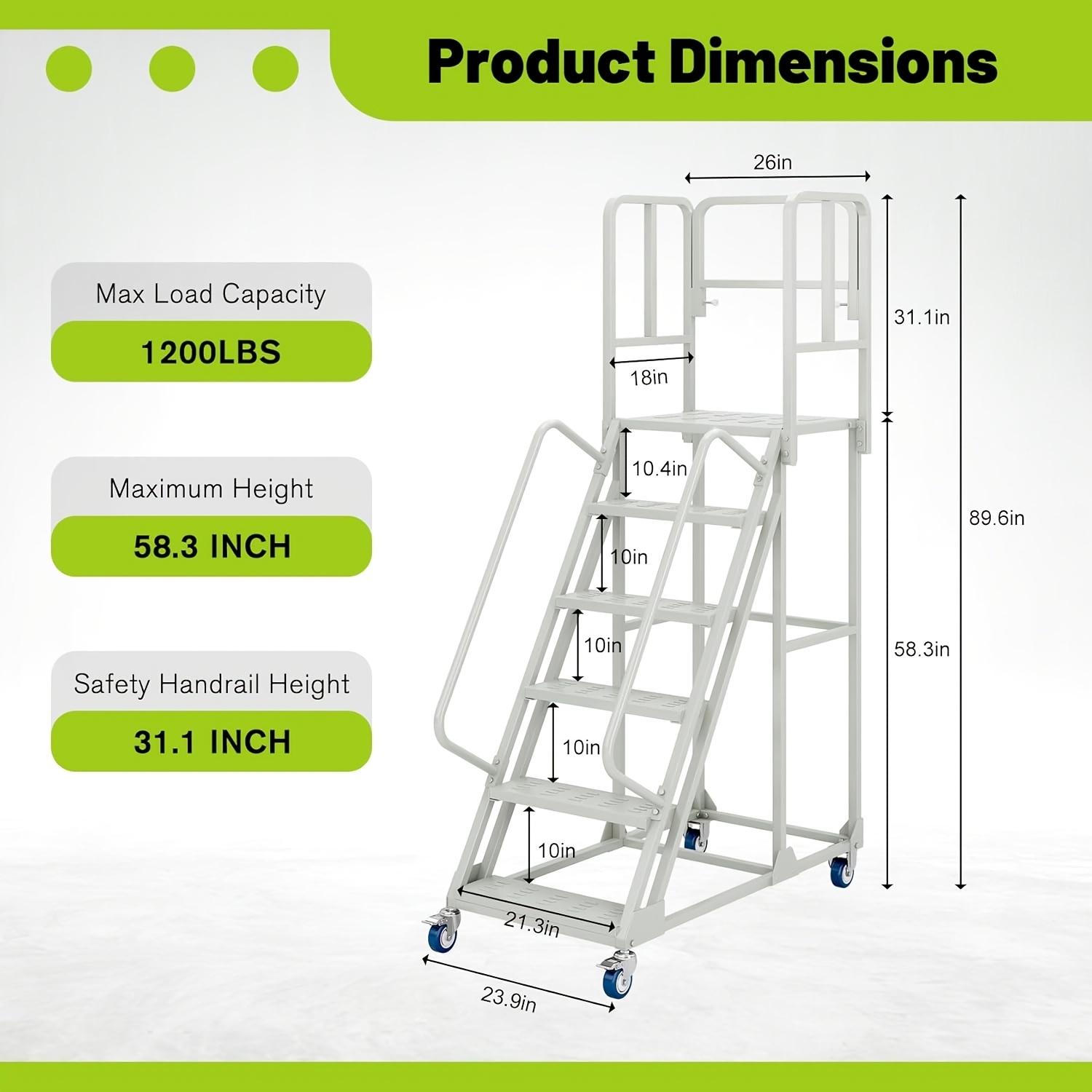 a 6 step rolling ladder measuring 24 inches wide and 90 inches high featuring dual handrails and lockable wheels   of supporting up to 1200   this heavy duty mobile   is ideal for use in   supermarkets Product details 0