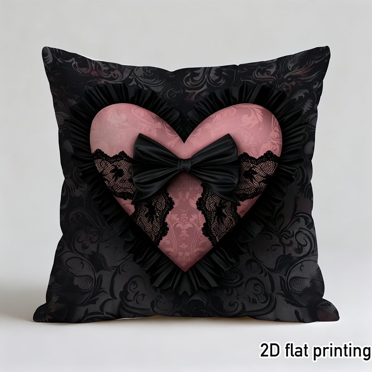 TEMU 1pc Pillowcase, Gothic Style Heart-shaped Pillowcase, Pink Lace Bow And Black Design, Short Plush Fabric, Single-sided Printed Pattern,