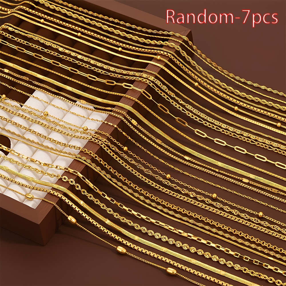 TEMU Random 7pcs Set Women's Minimalist 304 Stainless Steel Golden Necklace Set - Exquisite Beaded Chain Jewelry, Durable Wedding And Daily Necklace,
