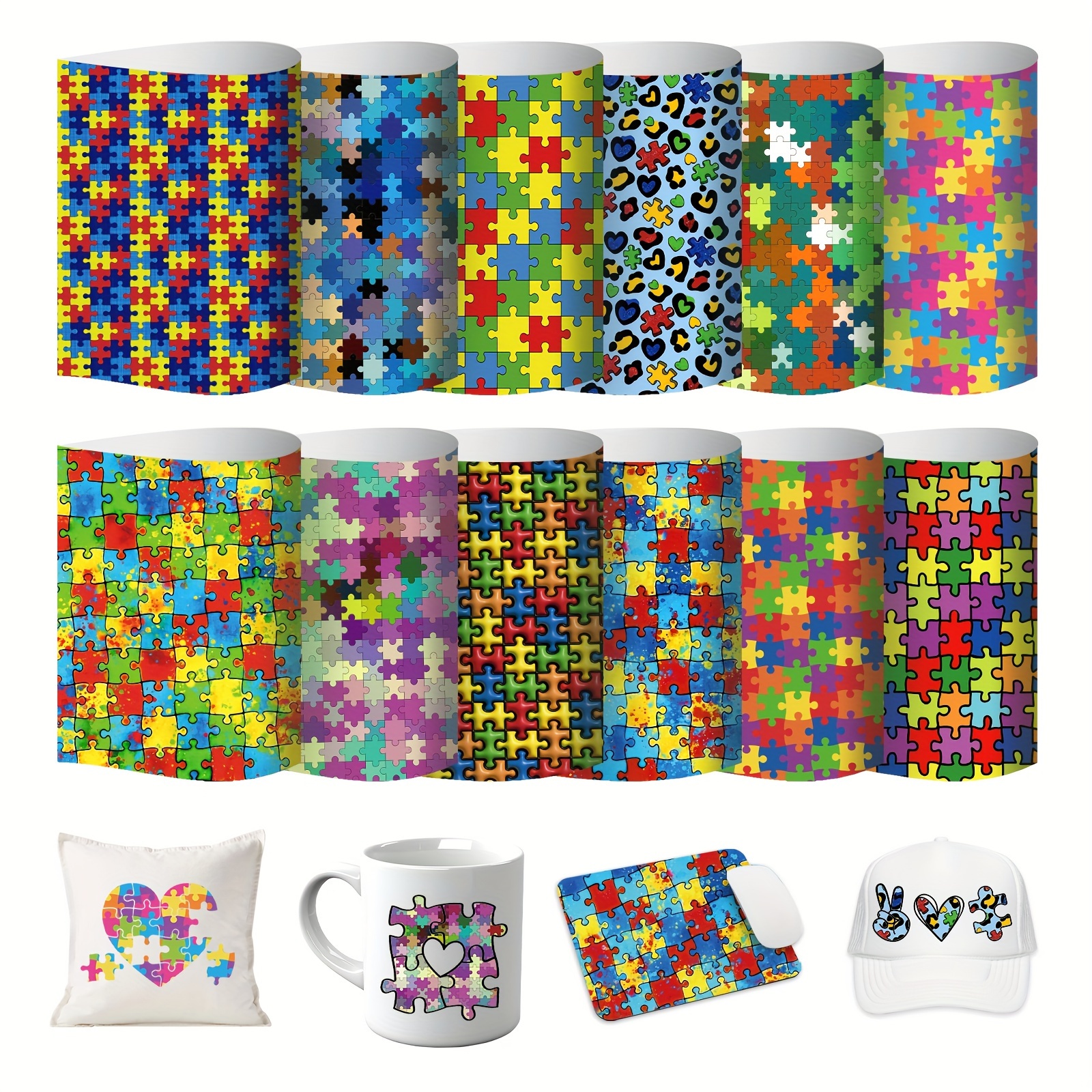 

Autism Puzzles Infusible Sublimation Paper 12 Sheets 12inches * 9.8inches Jigsaw Patterned Transfer Sheets For Mugs Tumblers Diy