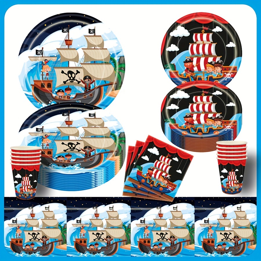 

51 Pieces, Cartoon Pirate Ship Theme Birthday Party Tableware Set, For 10 People, Including Disposable Plates, Cups, Paper Towels, Tablecloths