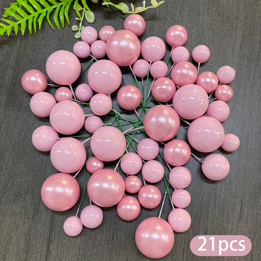 TEMU 21pcs Cake Decoration Set - Pink Foam Balls With Silvery Decorations, Suitable For Wedding Cakes And Birthday Desserts, Holiday Party Supplies,