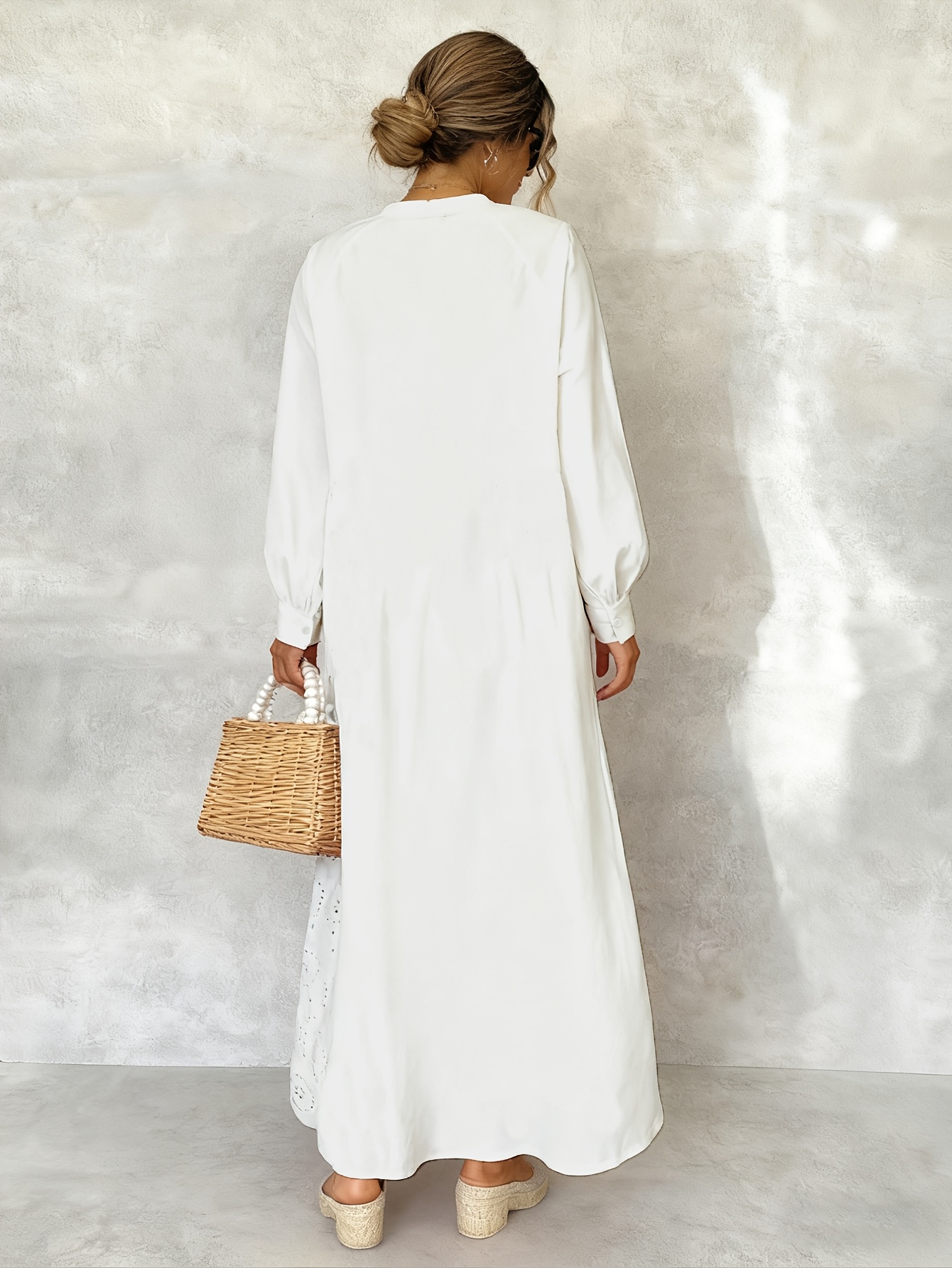 womens pure hollow embroidered dress v neck long sleeve midi - Temu Kuwait