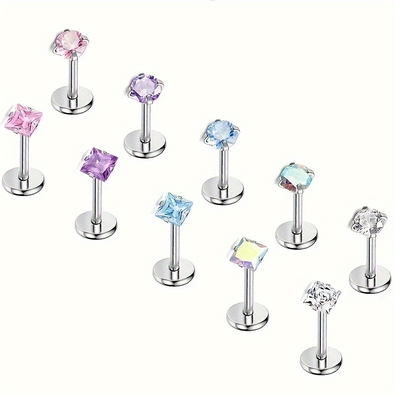 Image of 10pcs Elegant Lip Ring Set With Colorful Sparkling Cubic Zirconia - Stainless Steel Cartilage & Piercing For Women