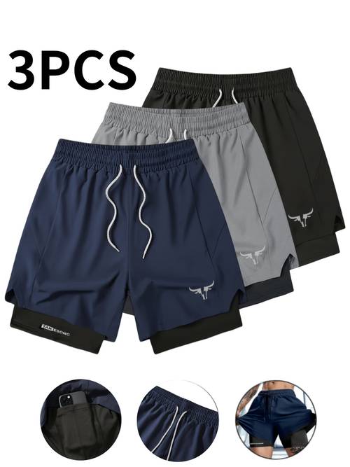 3pcs mens casual sports shorts double layer anti see through design elastic drawstring waistband breathable fabric quick drying moisture wicking suitable for gym running beach and multiple colors stylish print