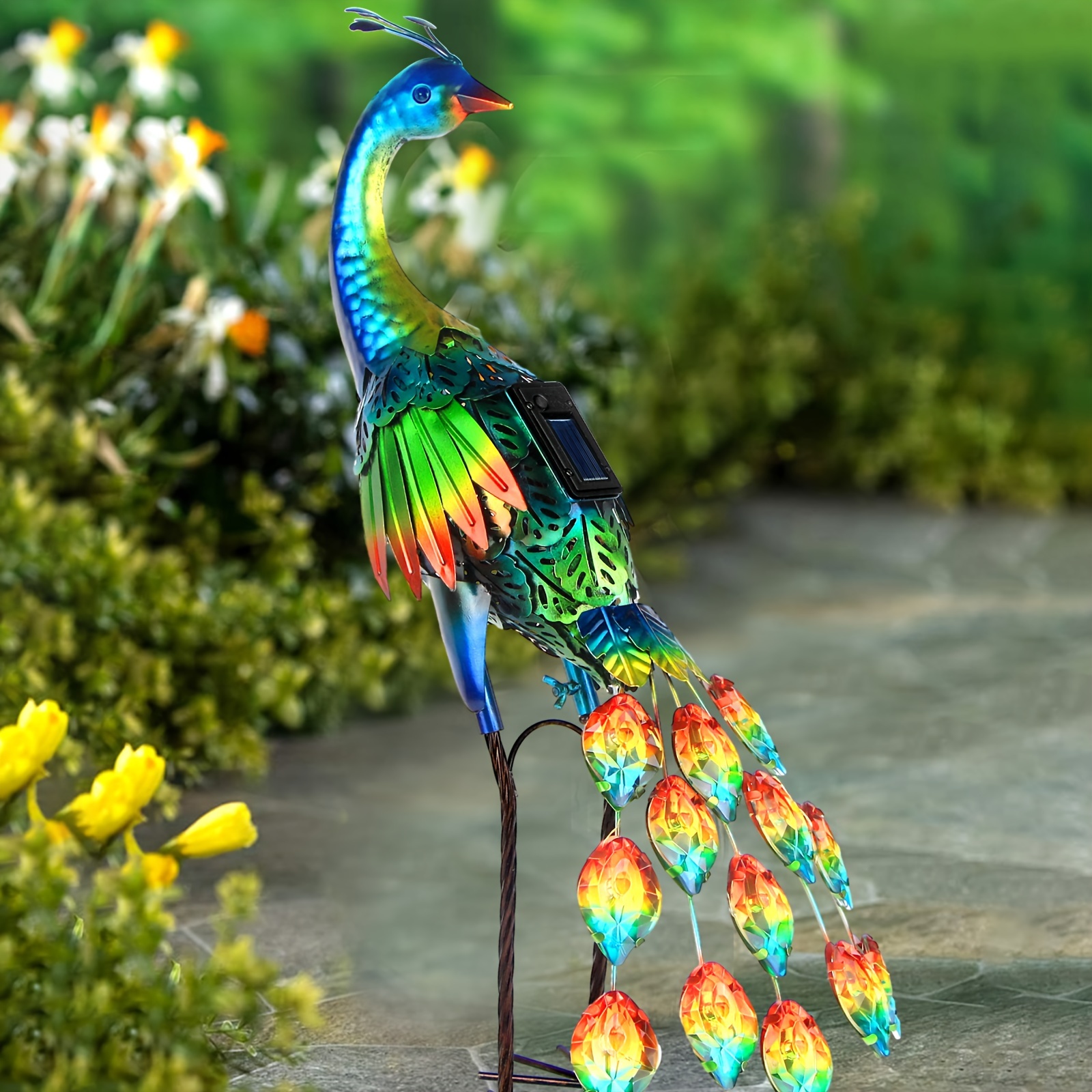 TEMU Vibrant Solar-powered Metal Pearooster Statue With Lights - Colorful Outdoor Garden Decor For Yard, Lawn, Or Backyard, Iron Sculpture With Solar