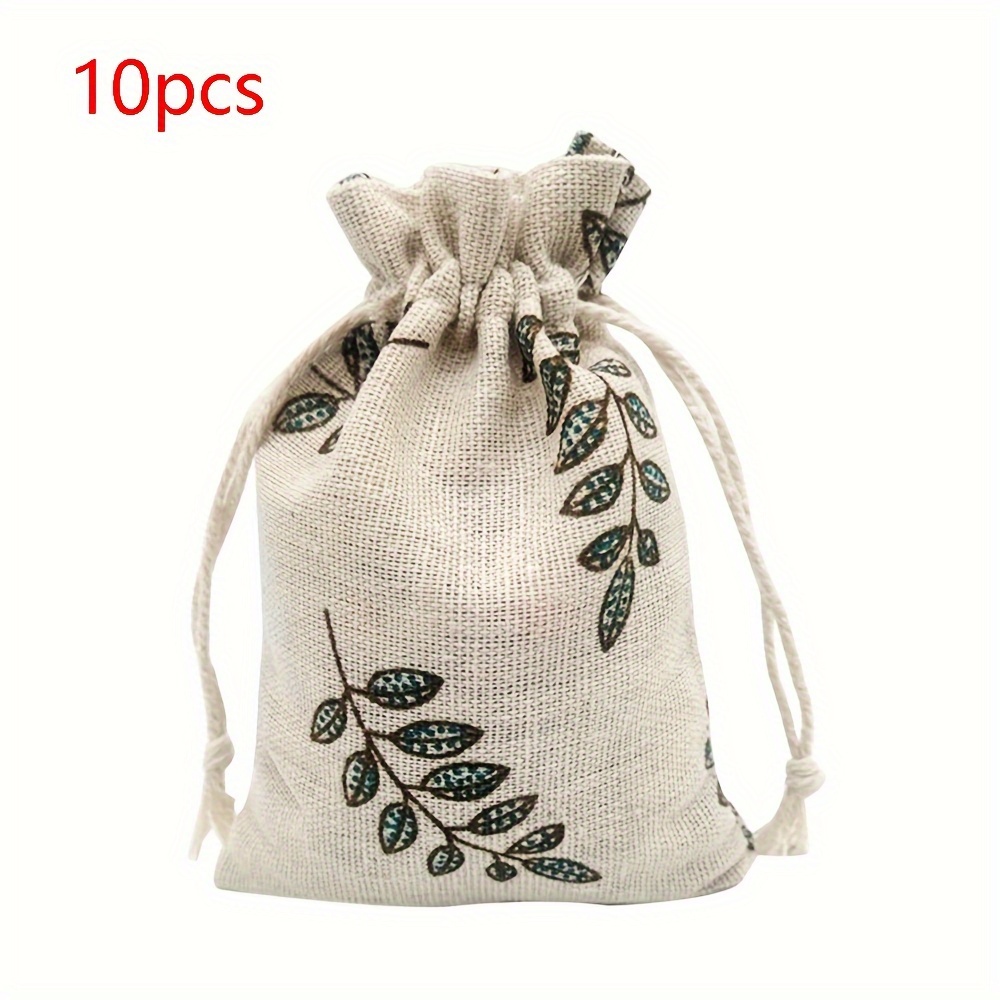 TEMU 10pcs, Leaf Printed Linen Bag, Drawstring Gift Bag, Jewelry Packaging Bag, Wedding Party Gift Bunch Bag, Birthday Party Gift Bag, Party