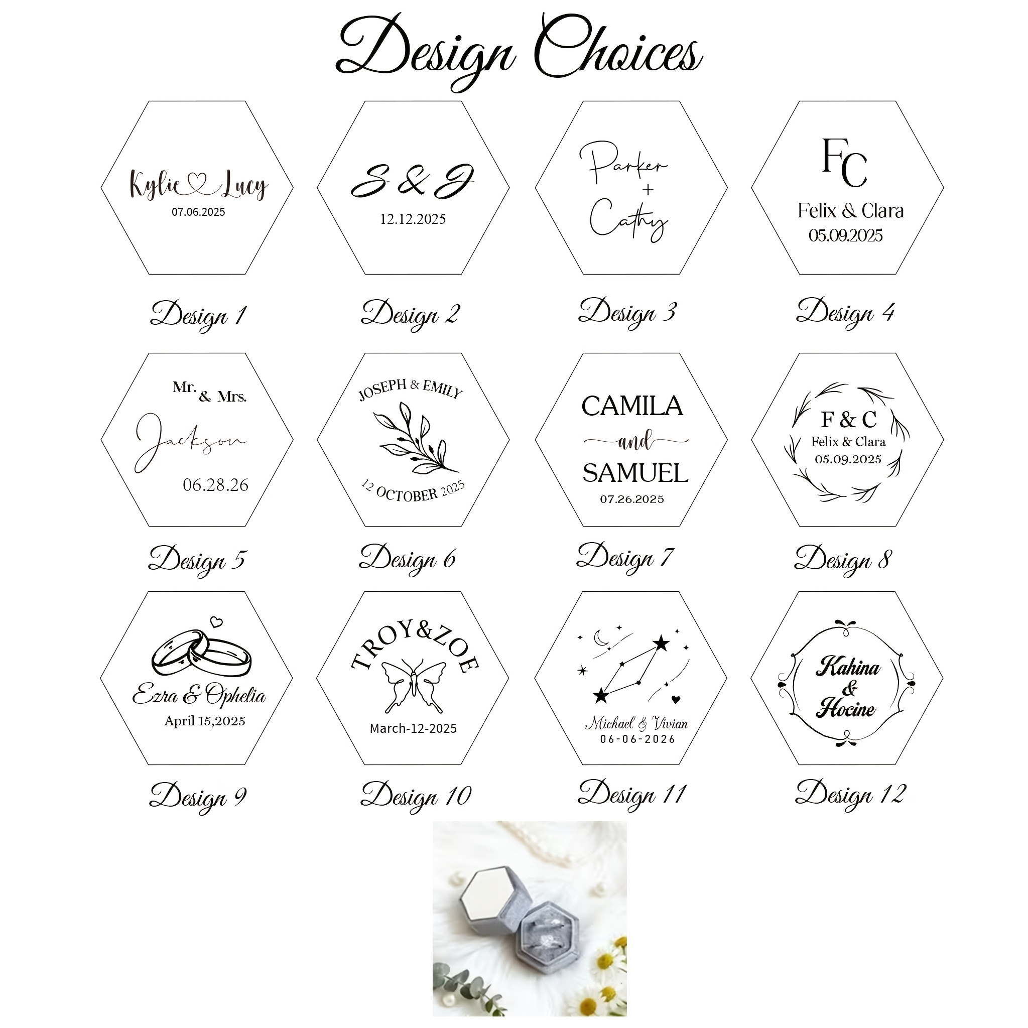 Personalized Hexagonal Velvet Ring Box, Custom Name and Date