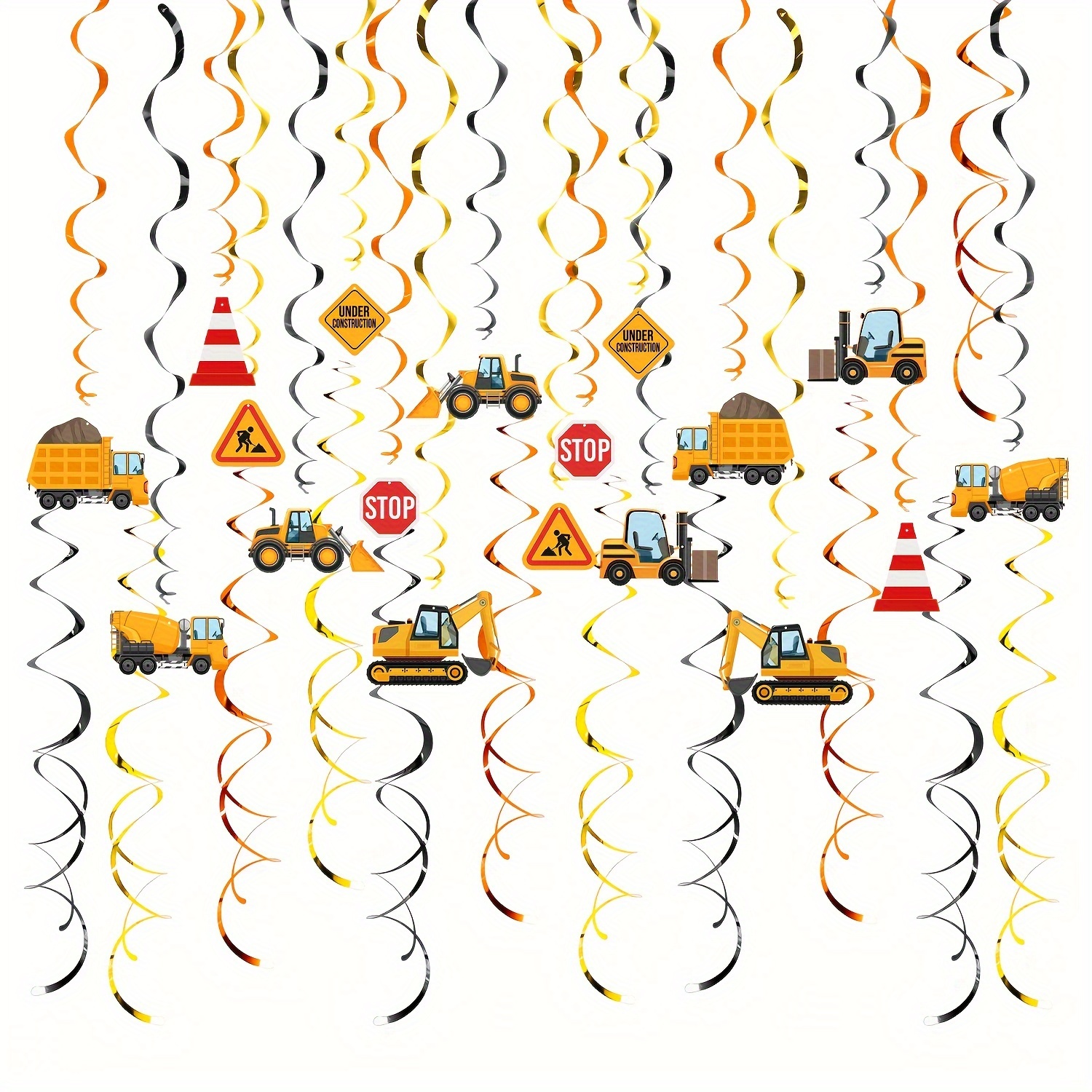 48pcs Construction Theme Party Hanging Swirl Decorations - Excavator, Bulldozer, Cone, Stop Sign & Chips Ahoy Designs For ' Birthday Celebrations, Construction Birthday Decorations