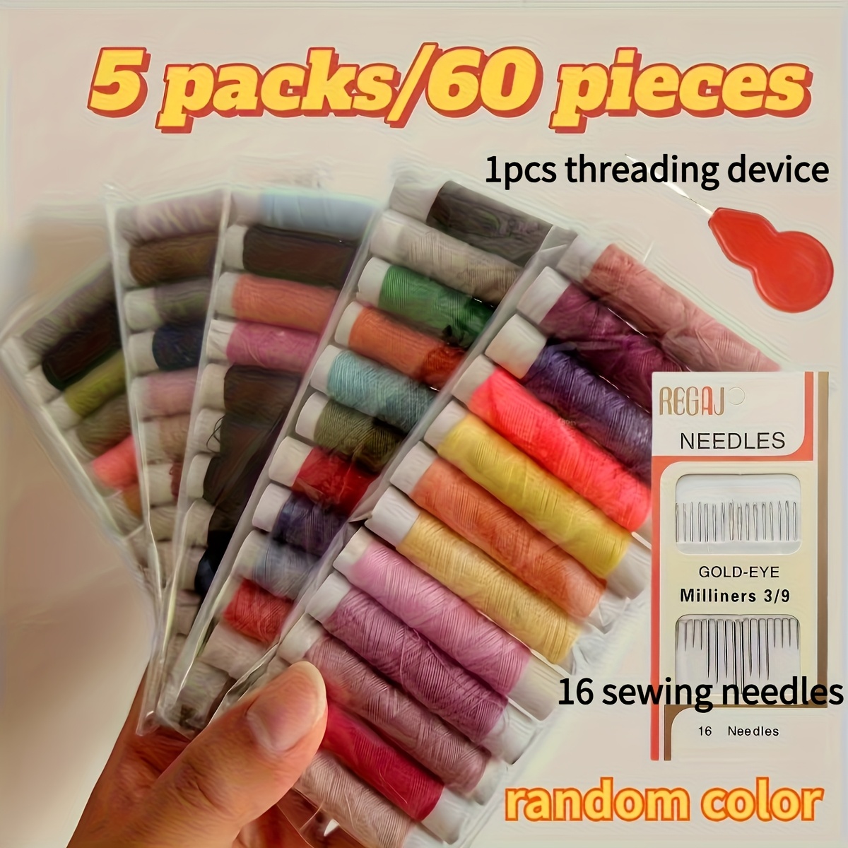 TEMU Set de 77 piezas (60 rollos de hilo de coser de color aleatorio + 16 agujas de coser + 1 enhebrador) Set de hilo de coser - Duradero, , adecuado
