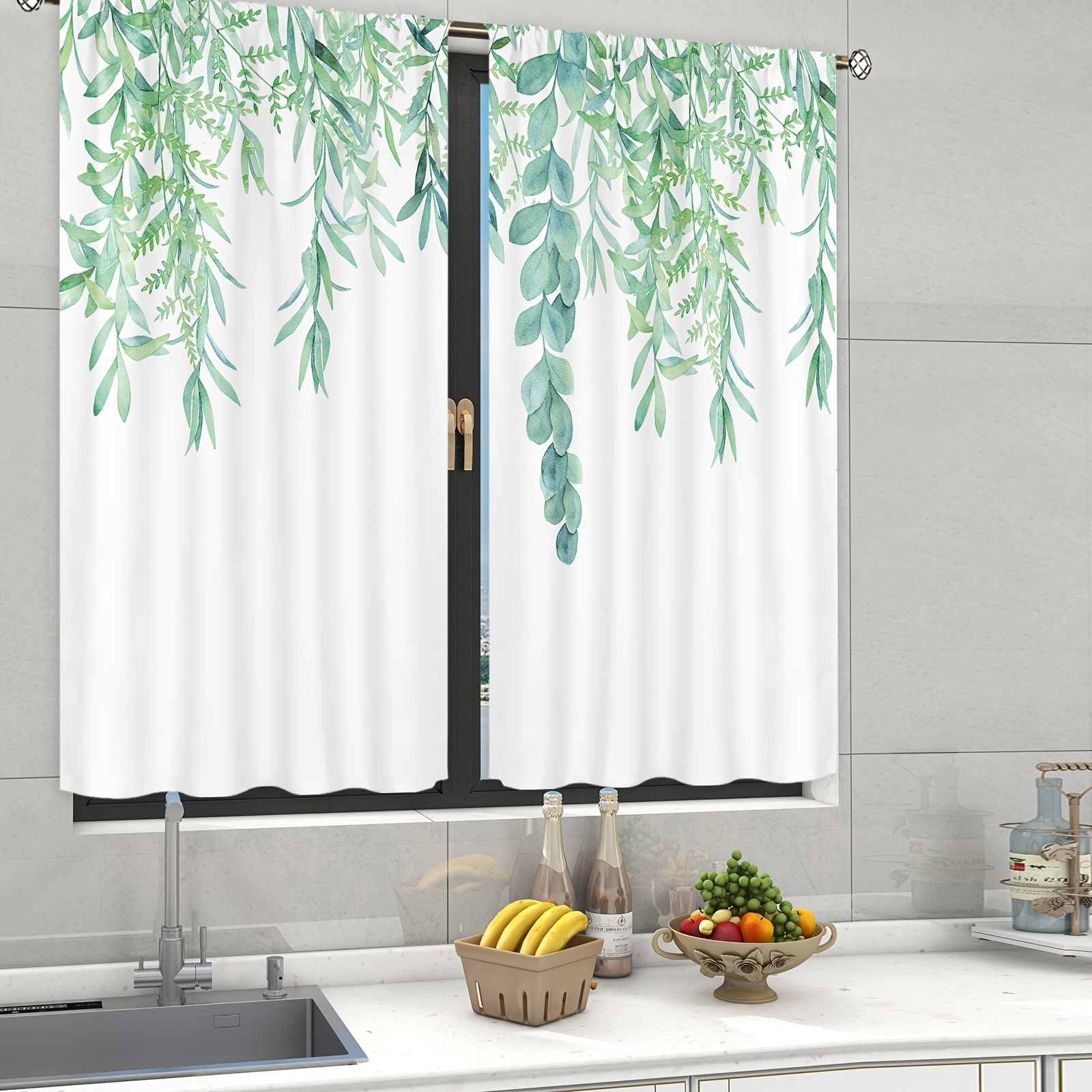 Watercolor Green Leaves Kitchen Curtains Plant Tiers Spring Temu Canada