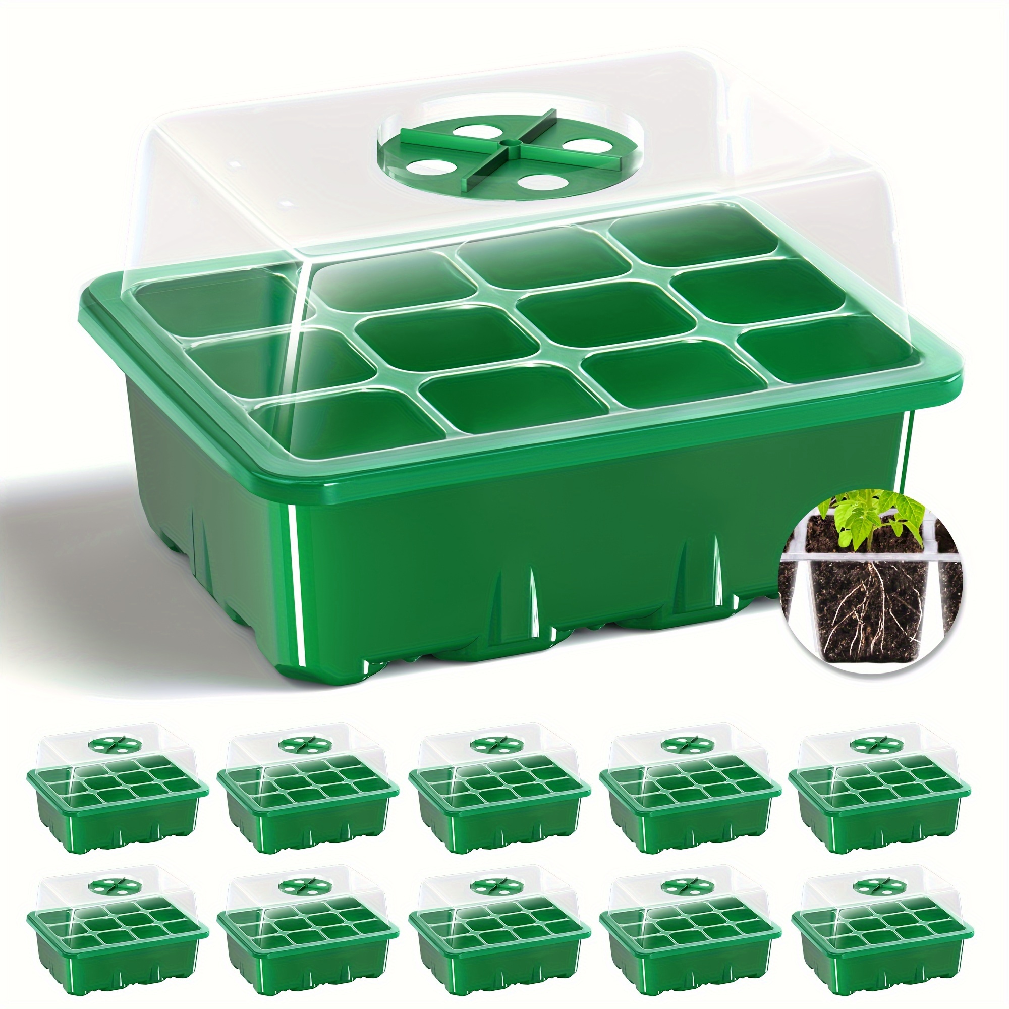 

10pcs Seed Tray With Elevated Lid, 120 Cells Thicken Seed Starting Trays Kit With Adjustable Humidity Vent, Clear Cell Tray And Heightened For Greenhouse & Gardens, Green