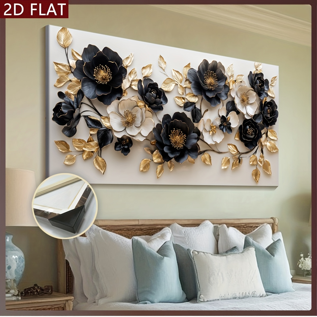 Abstract Black and Golden Flowers Canvas Art - Framed Wall Decor