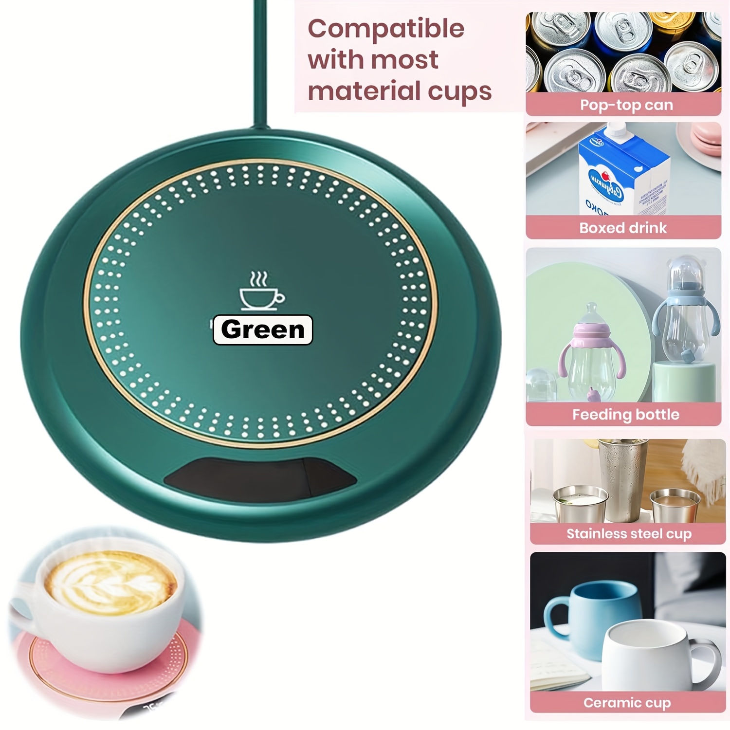 Smart Electric Coffee Cup Warmer Suitable for coffee, tea, and beverages. 3-level adjustable heating pad with USB power supply, precise control, automatic shut-off timer of 8 hours, compatible with travel mugs, ideal for home and office use