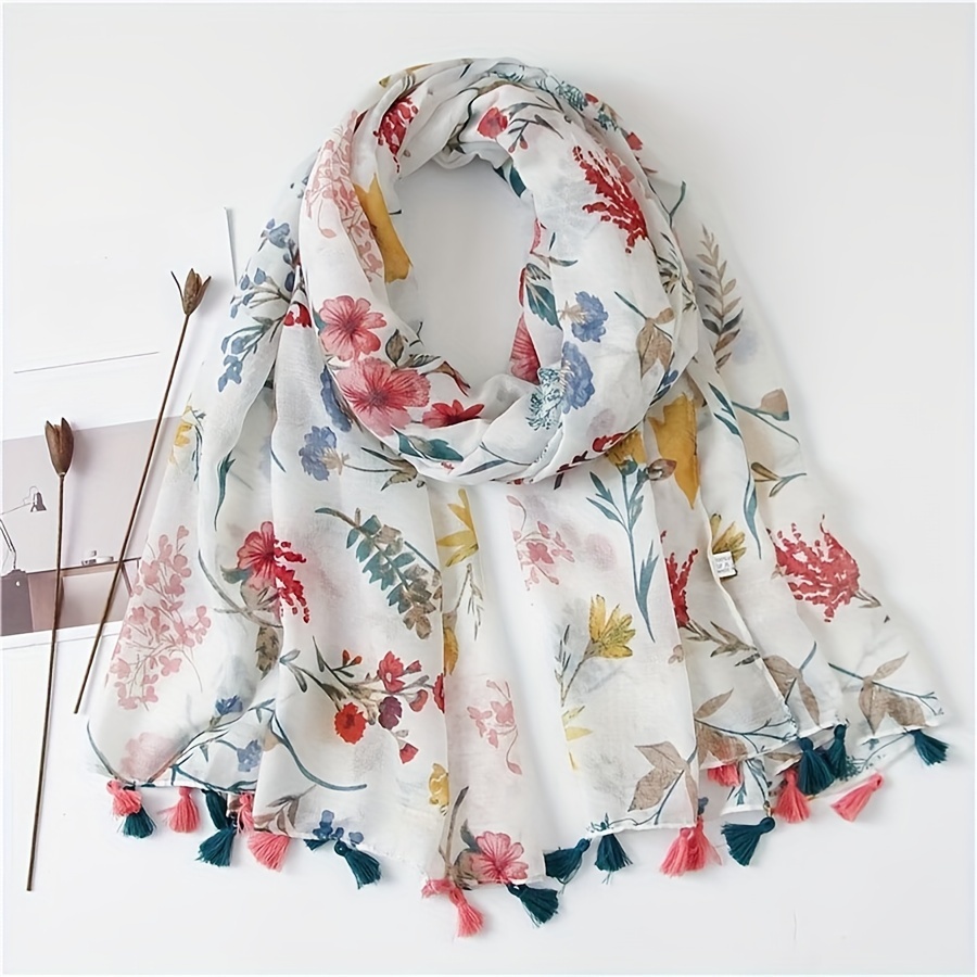 

Literary Small Flower Print Scarf Thin Breathable Cotton Linen Shawl Casual Sunscreen Windproof Travel Scarf With Tassels