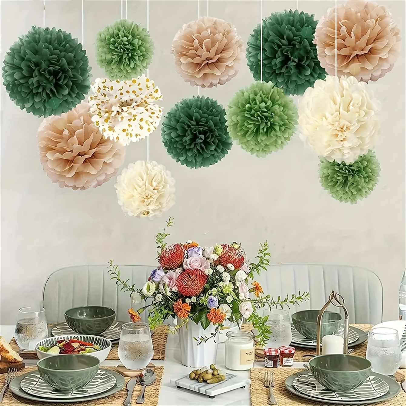

12pcs Sage Green & Ivory Paper Pompom Set - Perfect For Weddings, Birthdays, Bridal Showers & Thanksgiving Decorations Rustic Wedding Decorations Wedding Table Decorations