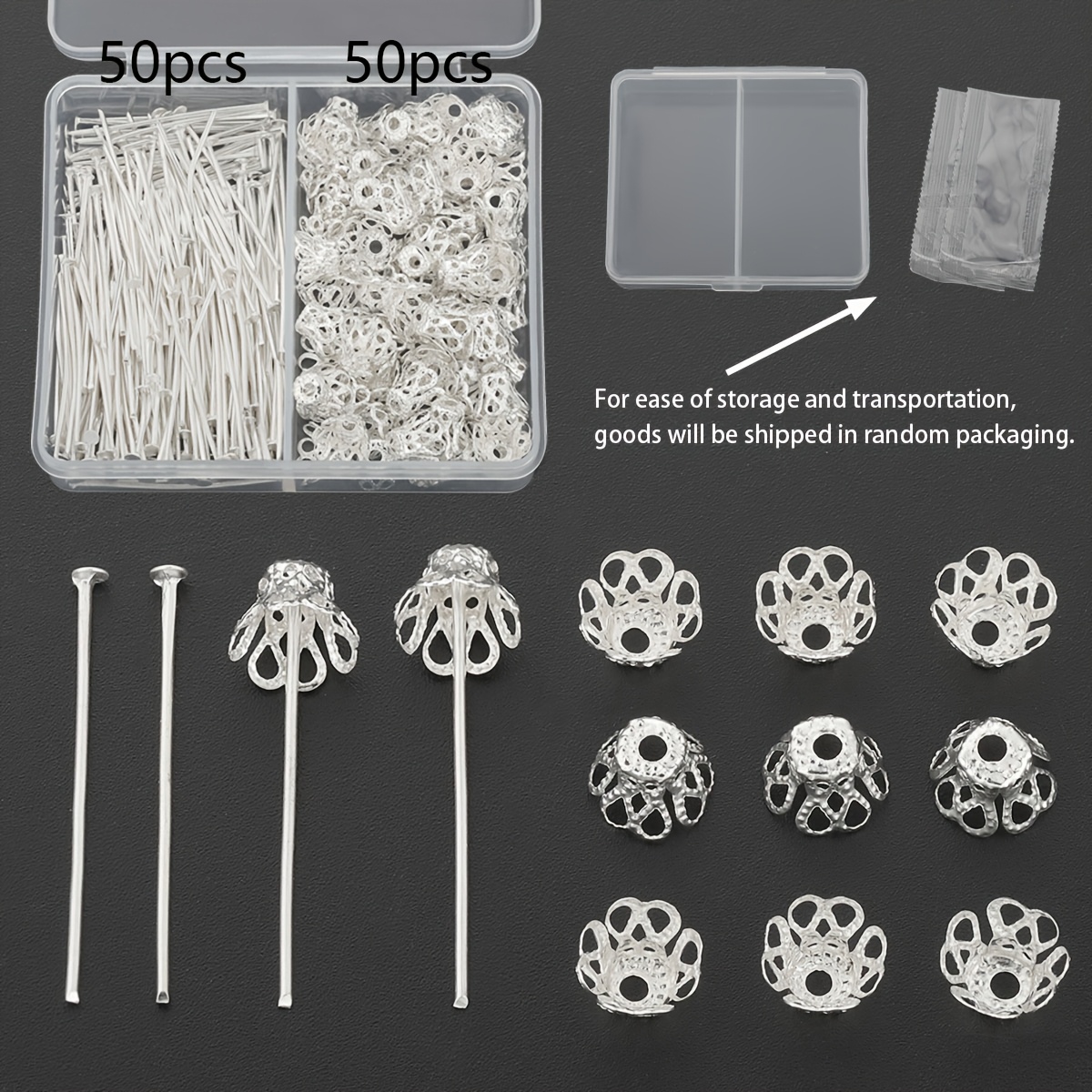 TEMU 100pcs/box Silvery Random Packaging, Including 50pcs (30mm) Flat-bottom Needles And 50pcs Flower Cups, Suitable For Knitting Ear Jewelry,