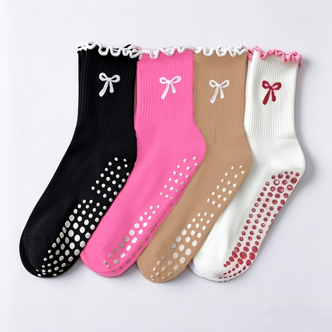 TEMU 4-pair Women's Professional Anti-slip Dot-grip Pilates & Yoga Socks - Suitable For Gym, Fitness, Ballet, Dance - Mid-calf With Embroidered Bow,