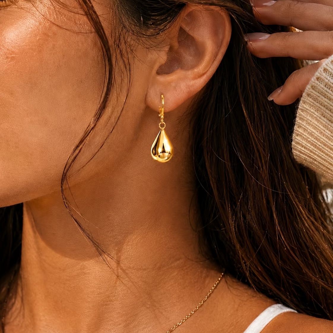 TEMU 18k Gold-plated Mirror-finish Teardrop Earrings, High-end Minimalist Light Luxury Earrings, Stylish And Versatile Elegant Goddess Earrings