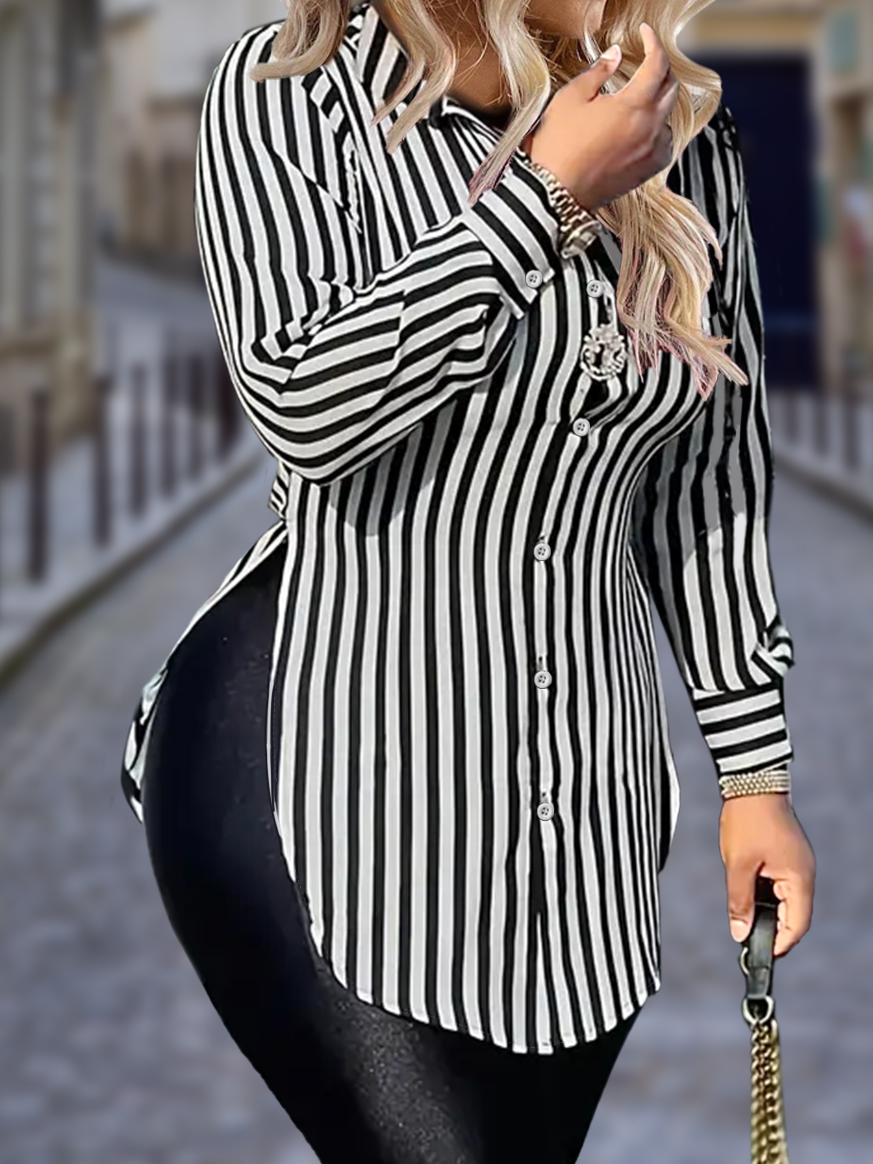 Damen Langes Hemd Mit Puffärmeln Und Knopfleiste