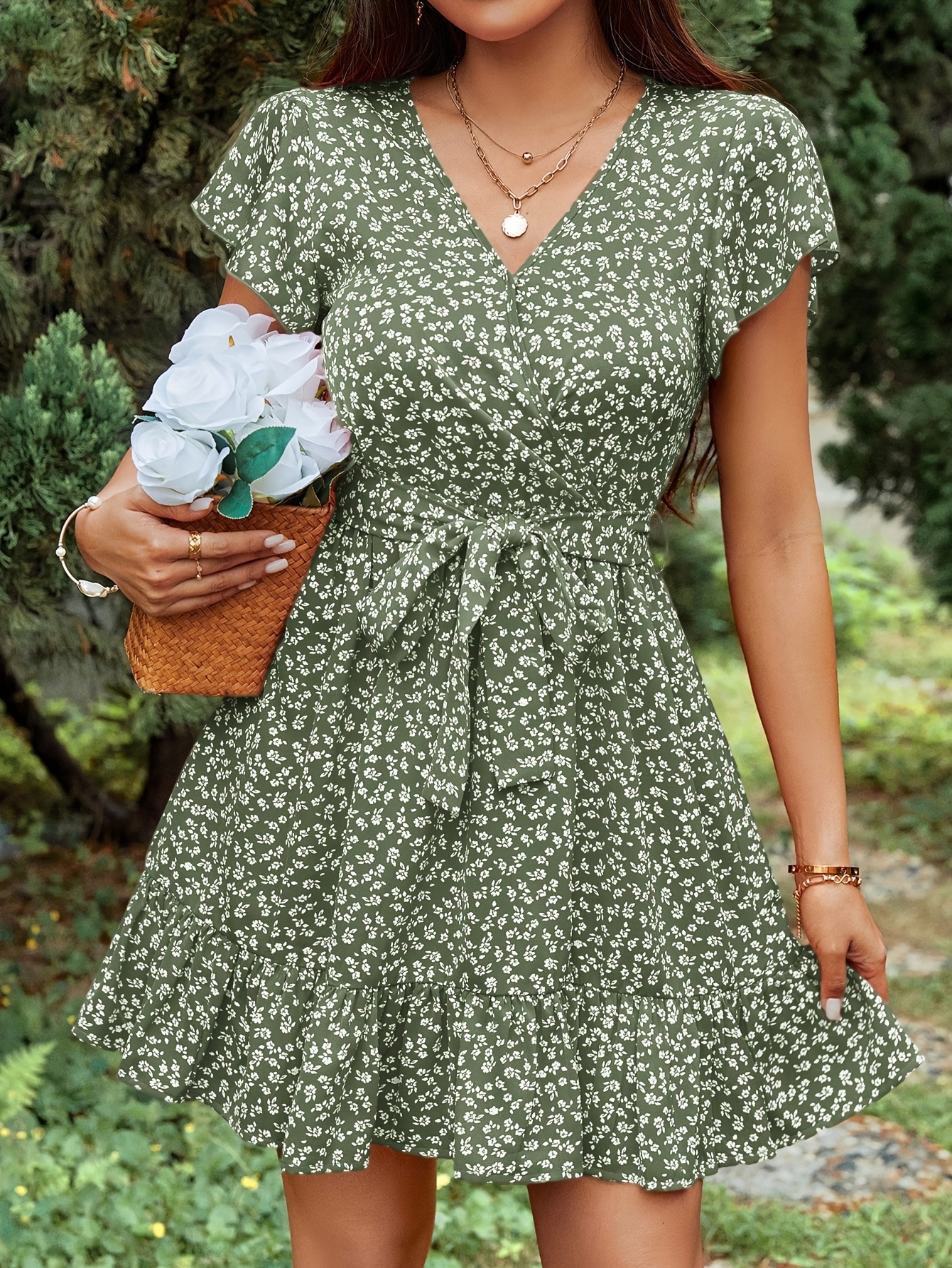womens summer floral print wrap dress short sleeves green - Temu United  Arab Emirates