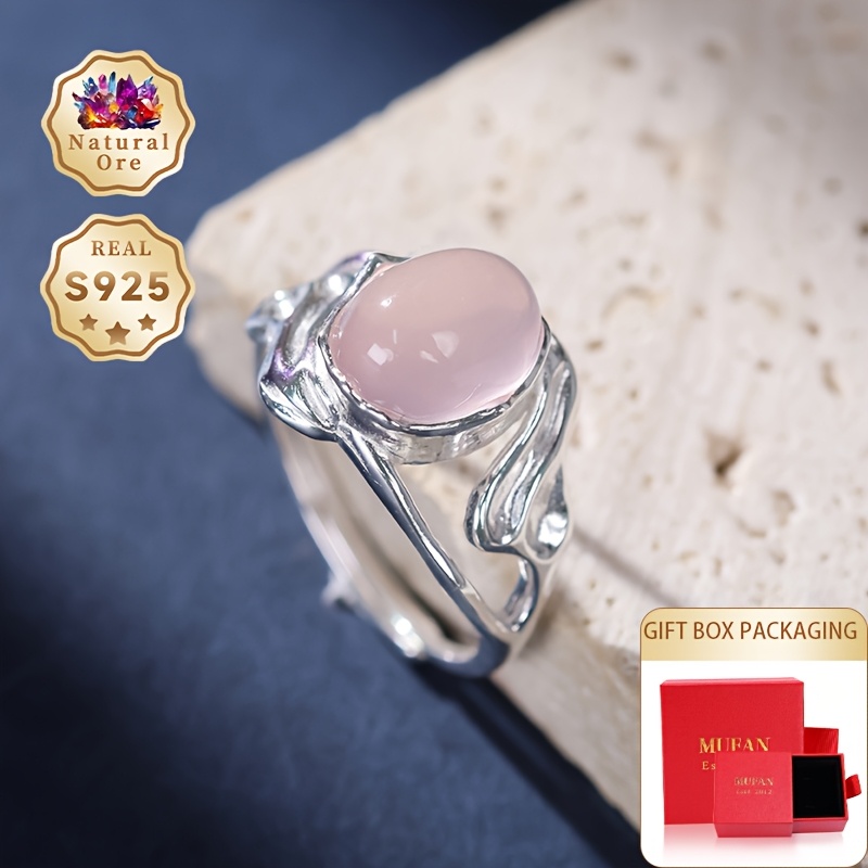 Women's 925 Silver Adjustable Ring with Natural Crystal, Gift Box