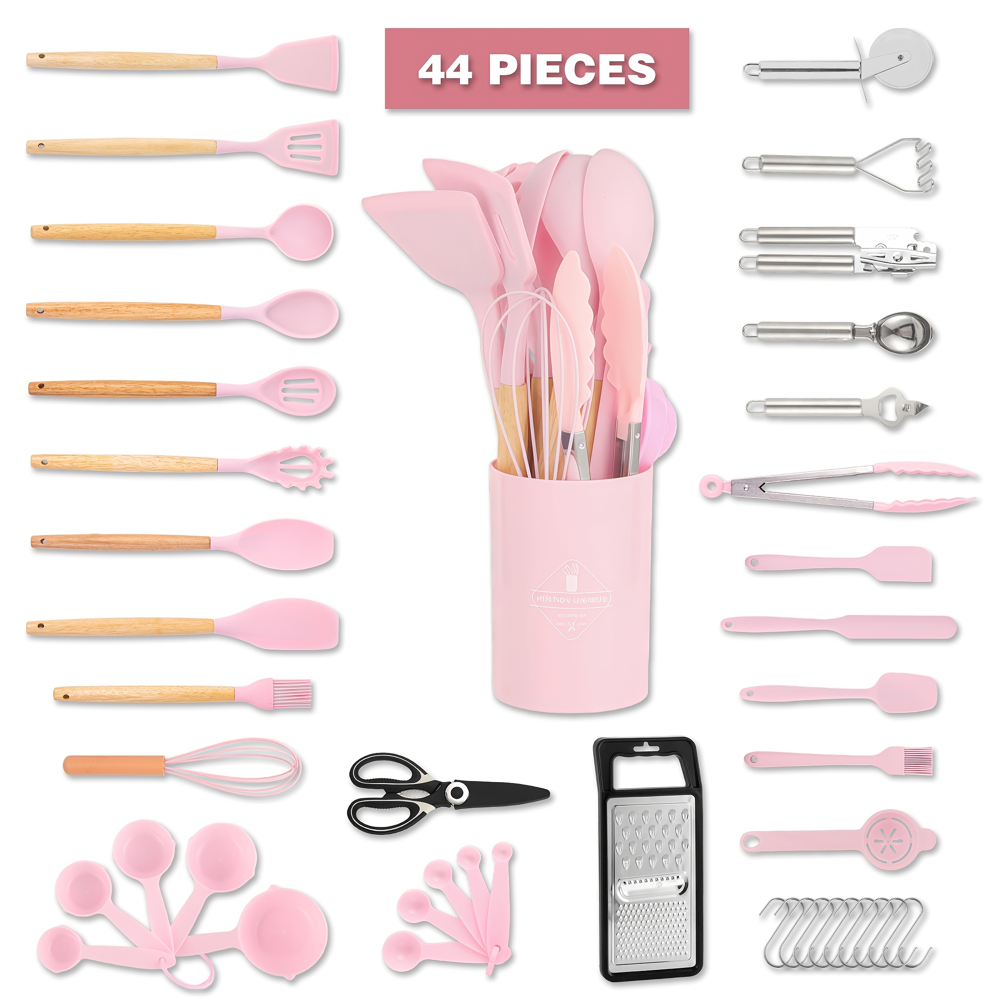 44pcs Silicone Kitchen Utensil Set With Holder, Nonstick Cooking Utensils, Wooden Handle Kitchen Tools, Spatula Turner Spoon Tongs Whisk Measuring Cups, Kitchen Accessories For , Apartment And