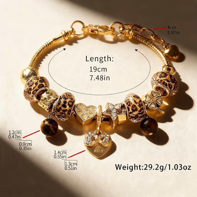 TEMU 1pc Sexy Leopard Print Diy Beaded Bracelet, Fashionable Wrapped Heart Pendant Clover Bead Leopard Print Bead Women's Fashion Jewelry Couple