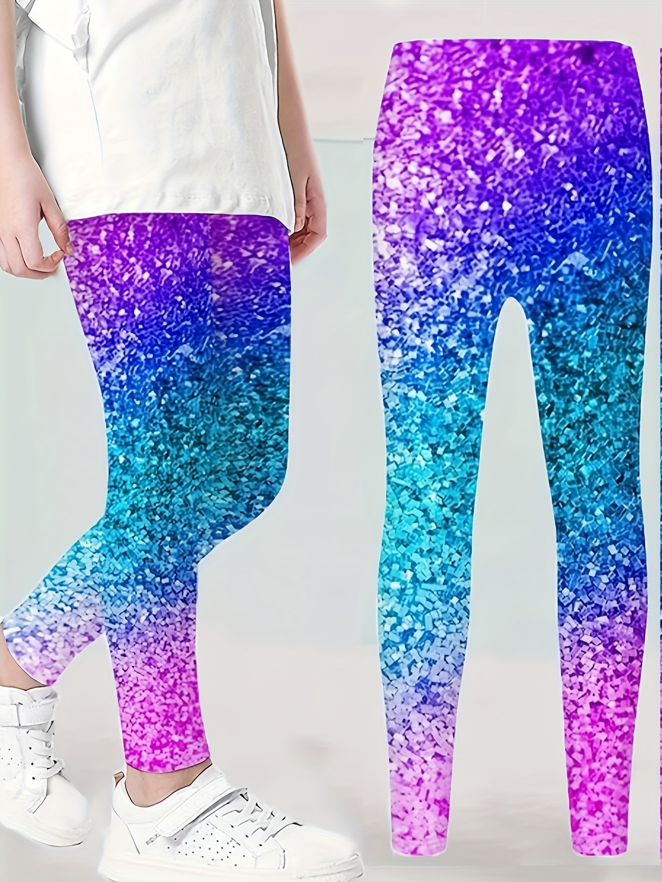 3pcs Girls' Glittery Gradient Leggings - Soft & Breathable 3D Star Print Casual Pants in Teal, Purple & Blue - Machine Washable, All-Season Comfort - Perfect for Parties, Gifts & Casual Attire, Comfortable Fit, Cute Pants