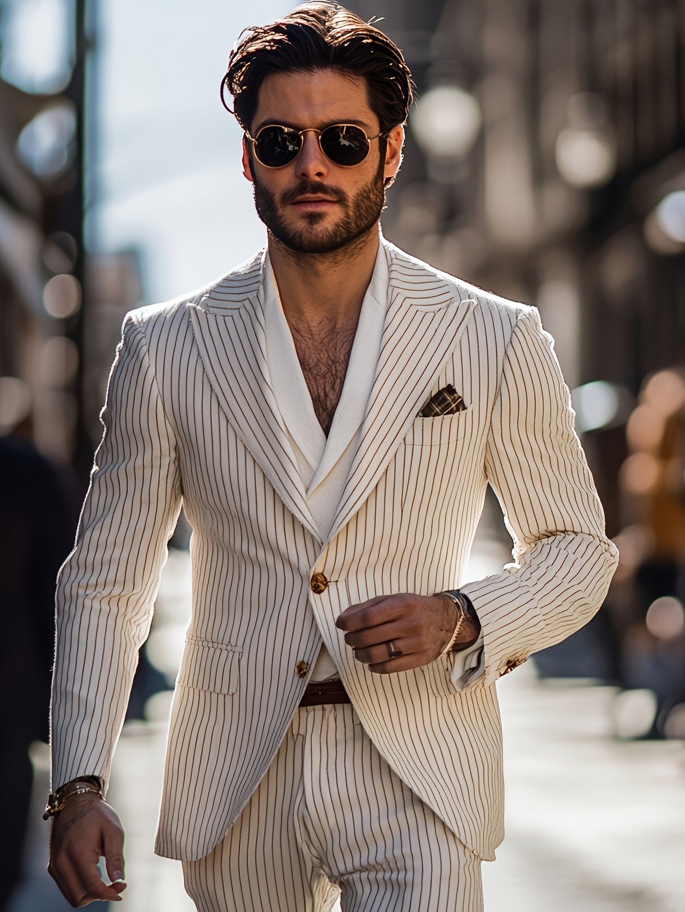 1pc white vertical striped mens casual suit light   machine washable classic collar spring autumn wear for business formal events 0