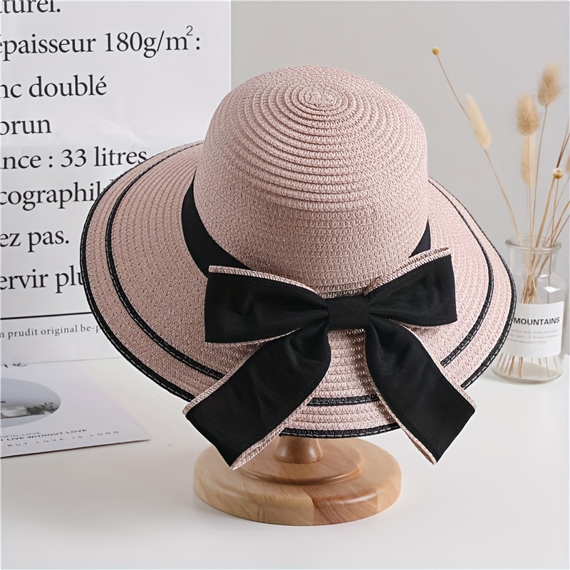 Trendy Bowknot Straw Hat Elegant Color Block Summer Sun Hats - Temu