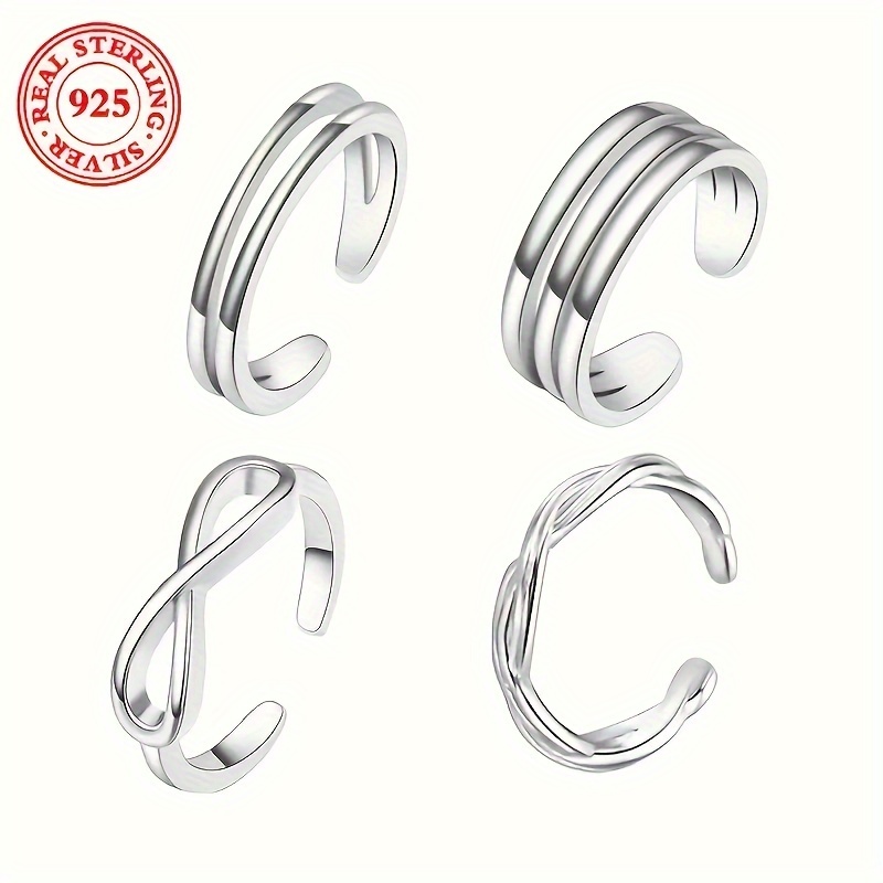 

4-piece S925 Sterling Silver Double-layer And Three-layer Rings, Infinite Symbol And Twisted Rope Style, Fashionable Personalized Women's Toe Rings, Vacation Style