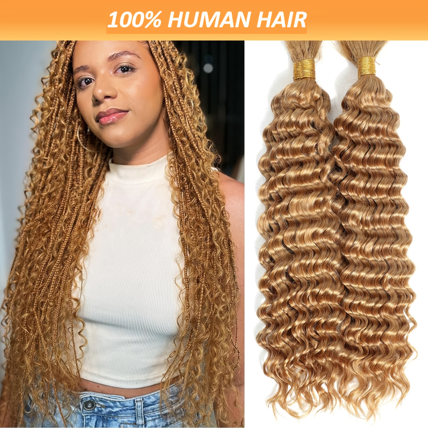 

#27 Deep Wave Bulk Braiding Hair 100% Virgin Human Hair Extensions For Women, Soft Texture & Long-lasting , Ideal For Bohemian Knotless Braids, 100g Bundle For African Hair Styles