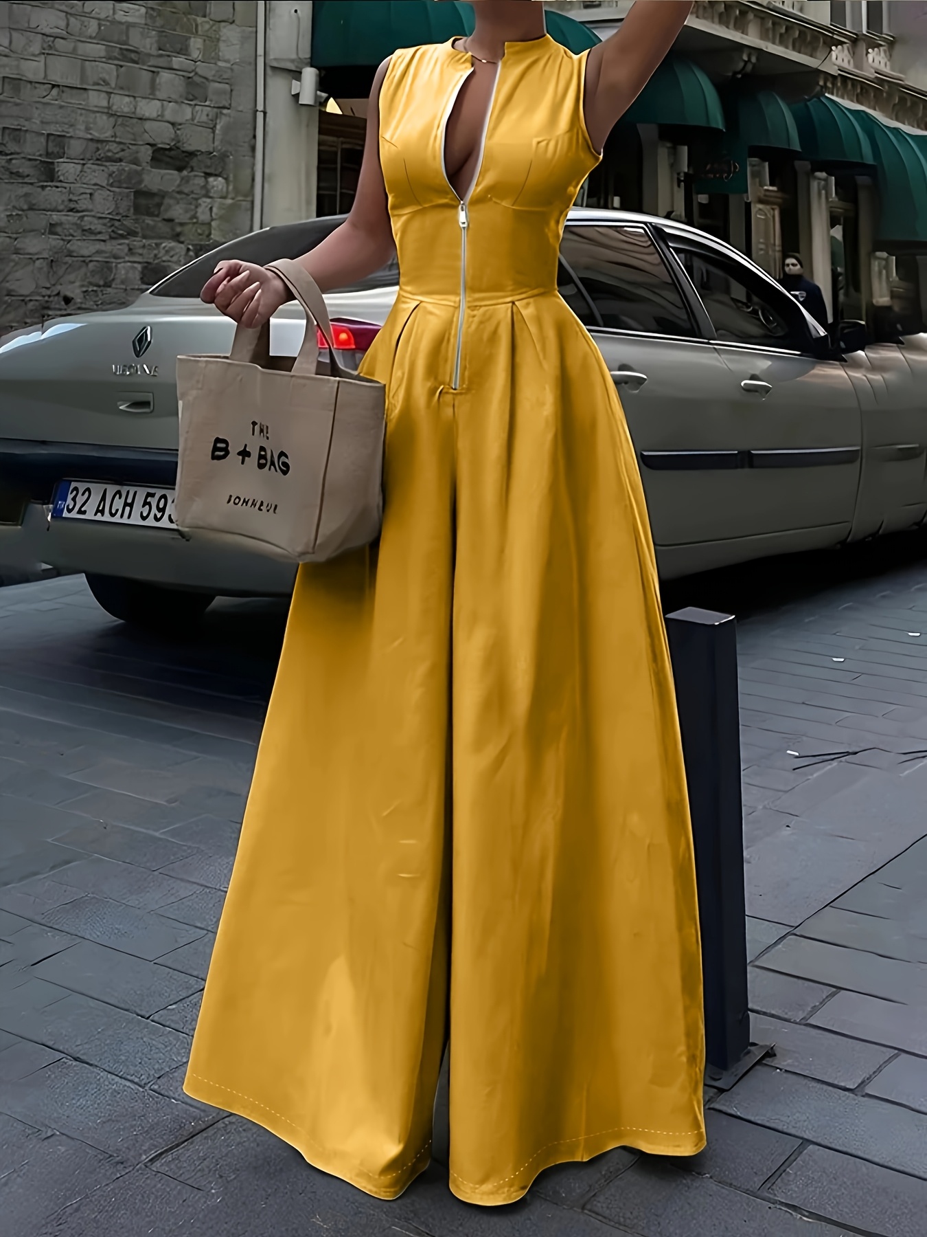 womens elegant sleeveless wide leg jumpsuit mustard yellow - Temu Canada