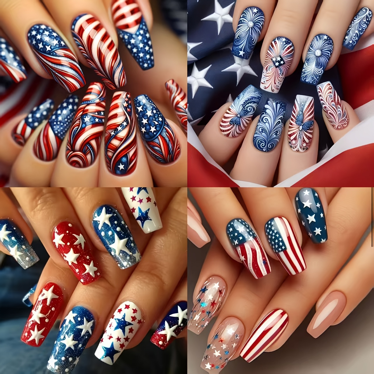 TEMU 96pcs Day Red And Blue Gradient Striped Nails With Red, White, And And Stripes, Detachable Press-on Nails