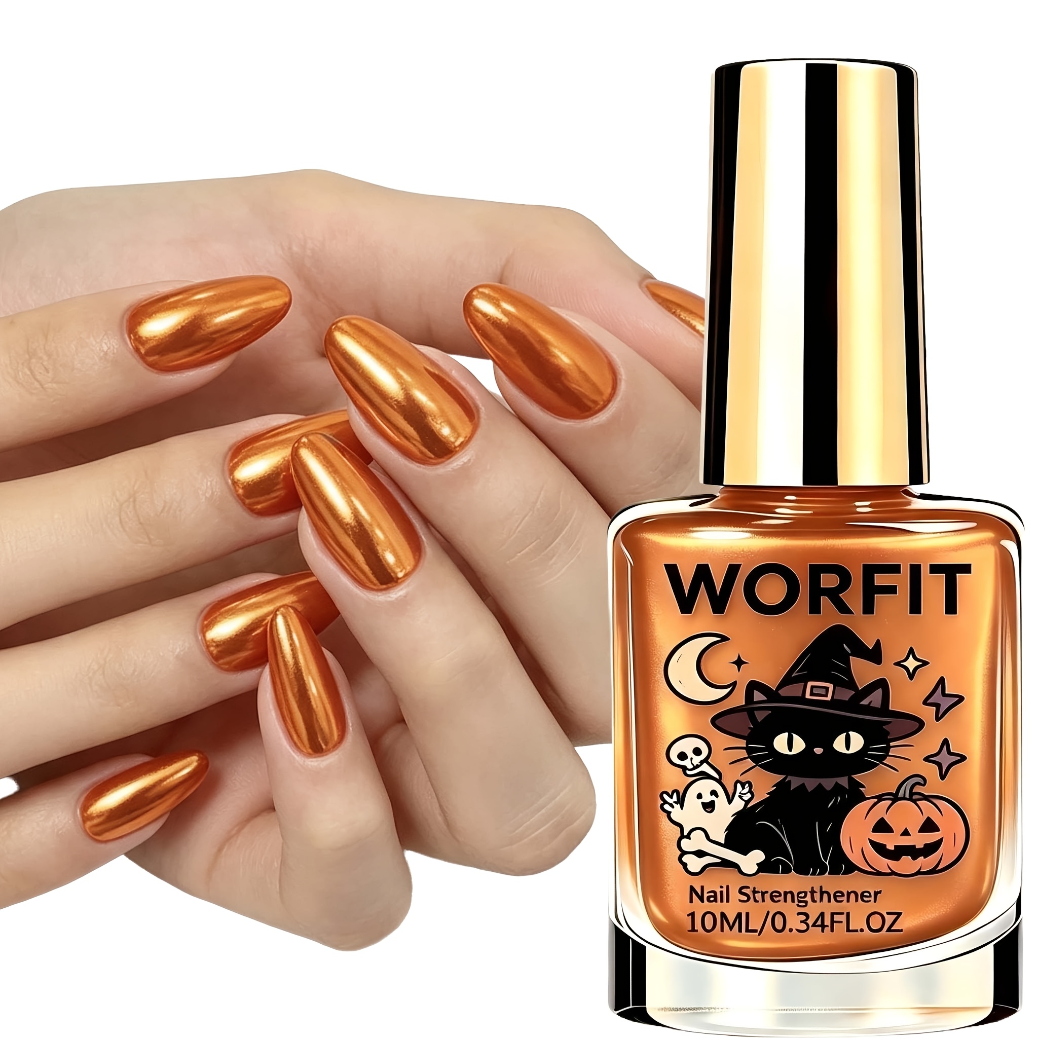 Image of Worfit 10ml Bronze Orange Metallic Shimmer Nail Polish, High Gloss Reflective Smooth Nail Lacquer, Quick Dry Waterproof Long Lasting Nail Varnish For Halloween Black Cat Pumpkin Gothic Party Manicure