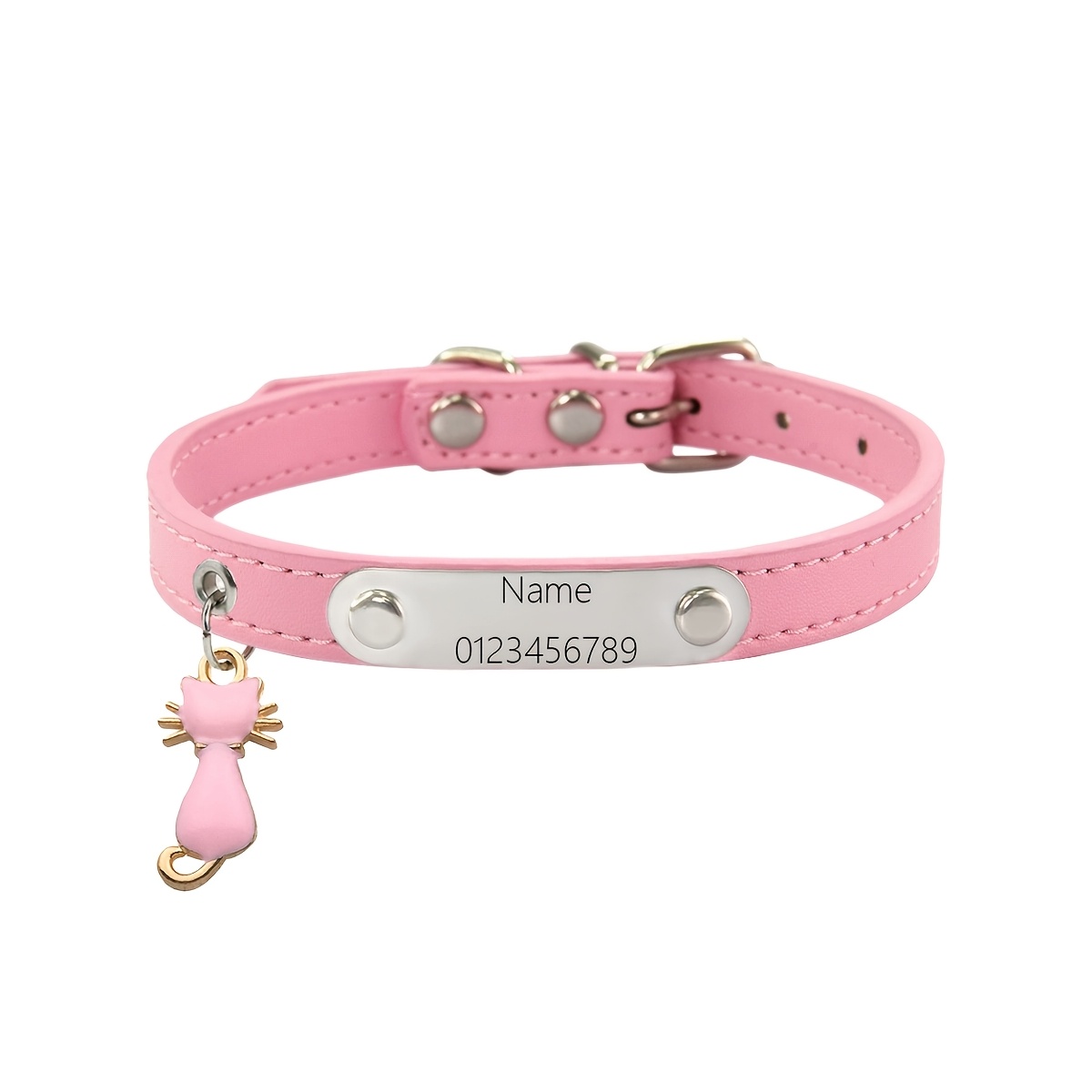 TEMU Personalized Cat Collar With Custom Engraved Nameplate, Faux Leather Pet Collar Charm For Kittens And Small Dogs