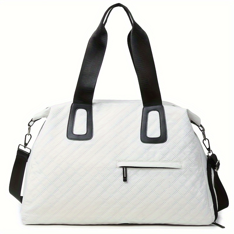 TEMU Large Capacity Oxford Cloth Duffle Bag, White, Quilted, Travel Gym Work Hospital Bag, Adjustable Shoulder Strap, Foldable, Lightweight, Shoe Compartment, Zip Closure, No Print,