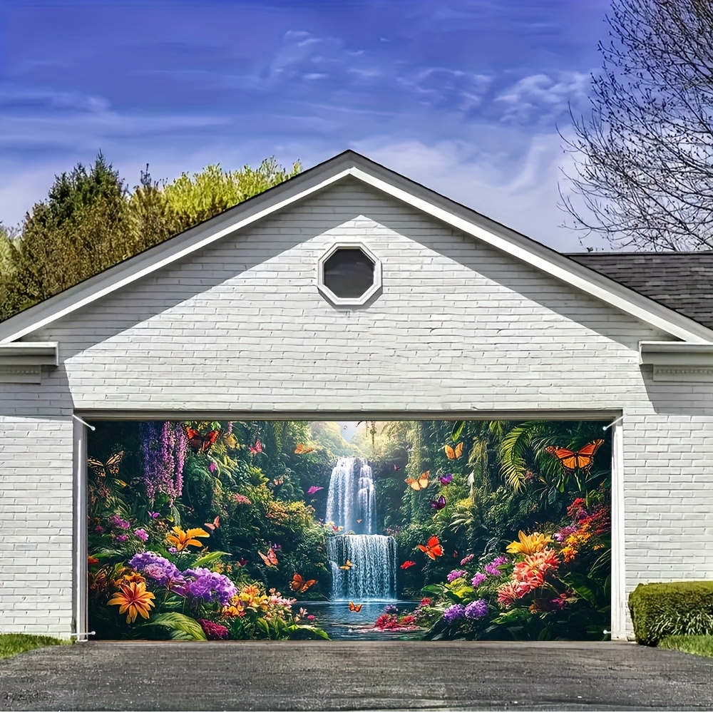 2D Flat - 2D Door Banner, 1pc Psychedelic Forest Waterfall Garage Door Banner - Vibrant 2D Flat Print, Large Polyester Fabric, Easy Hanging Installation, Perfect for Weddings, Parties & Outdoor Decor, Waterfall Wall Decor