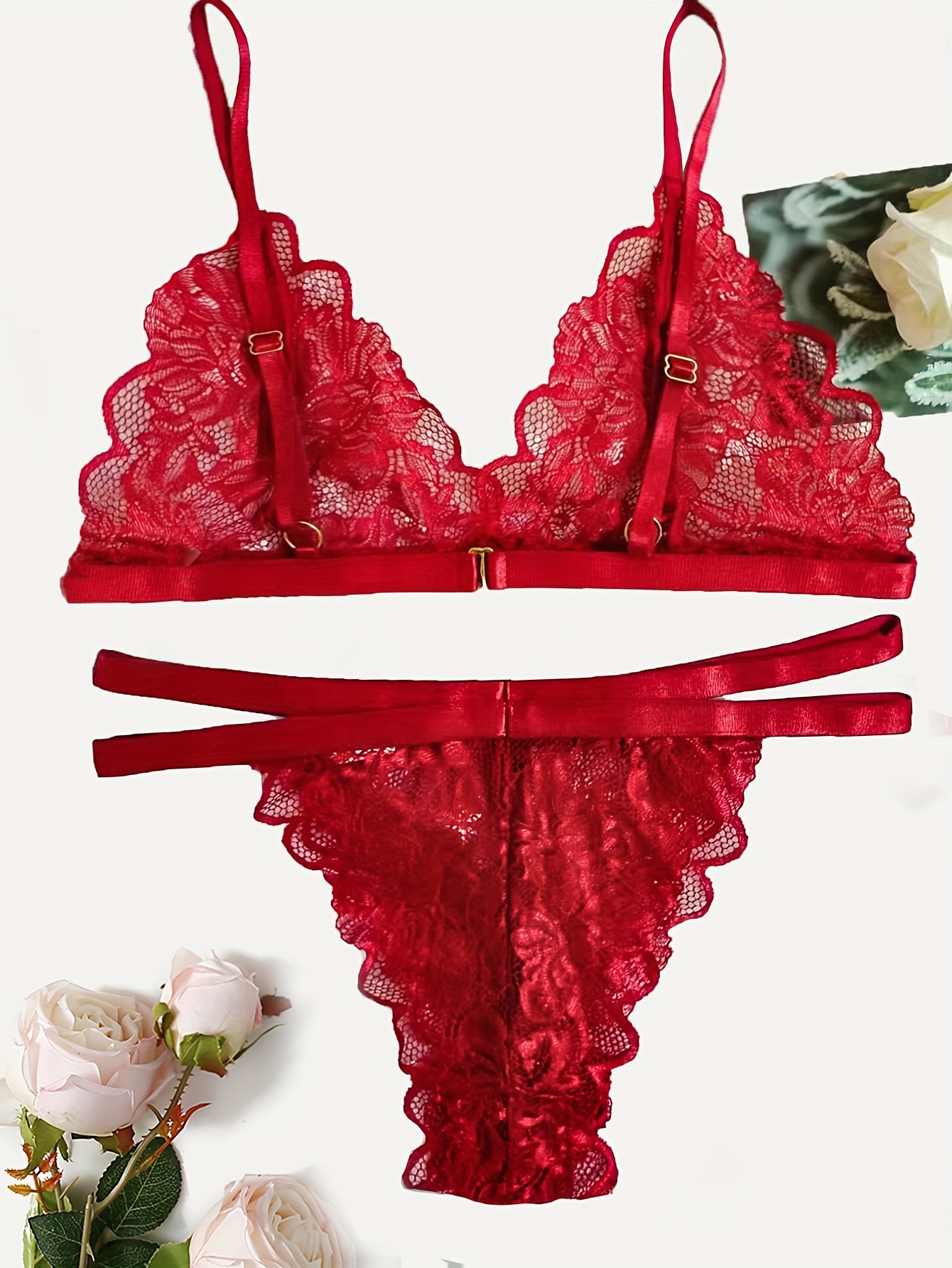 floral lace triangle bra without underwiring - red - Undiz