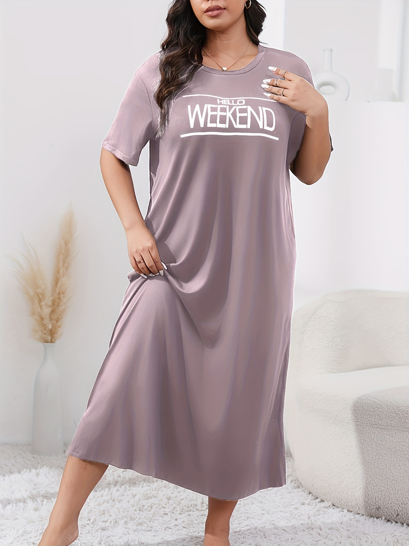 Women's Plus Casual Lounge Dress, Plus Size Slogan Print Short Sleeve Round Neck Sleep Dress