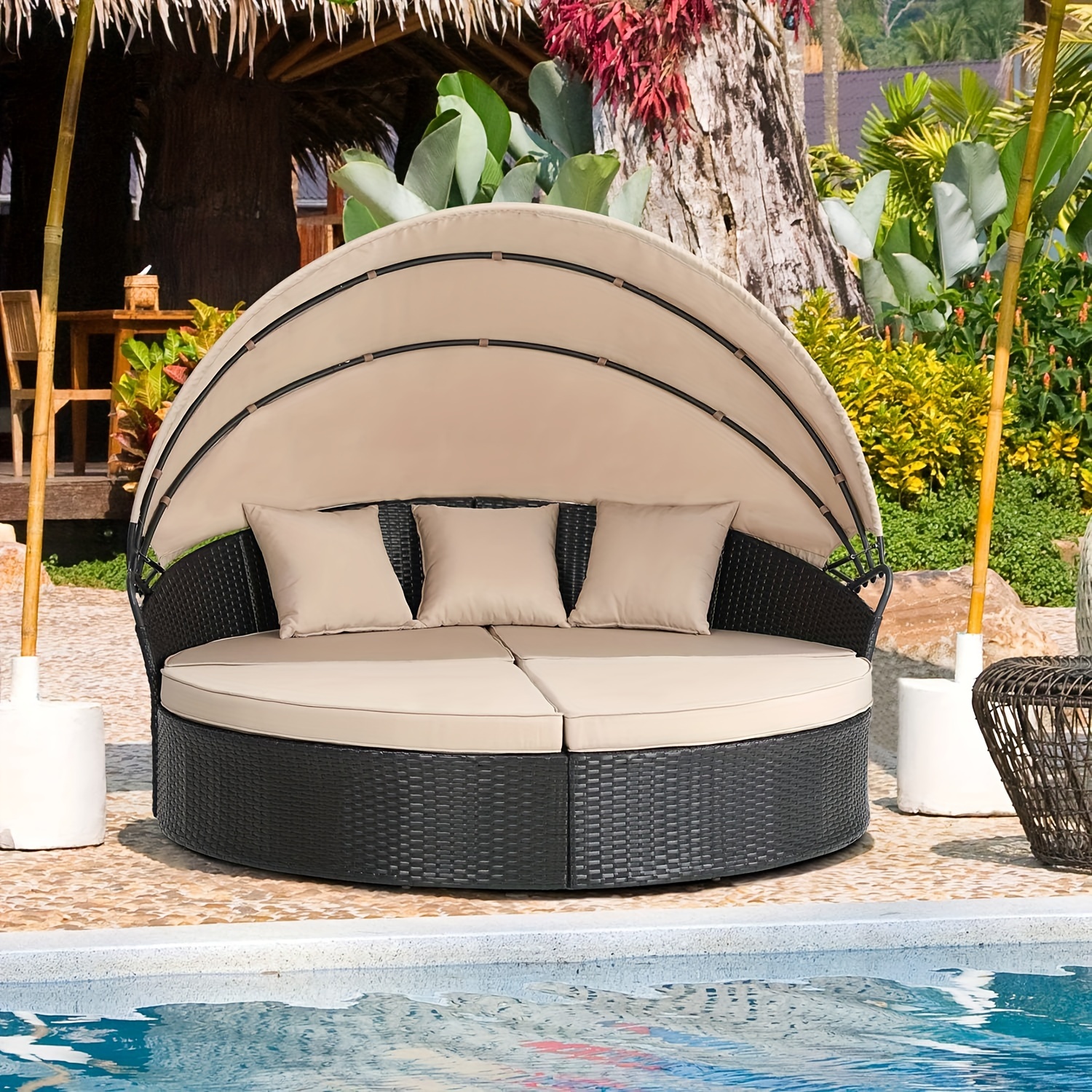 

Jamfly Patio Furniture Outdoor Lawn Backyard Poolside Garden Round Daybed With Retractable Canopy Wicker Rattan, Seating Separates