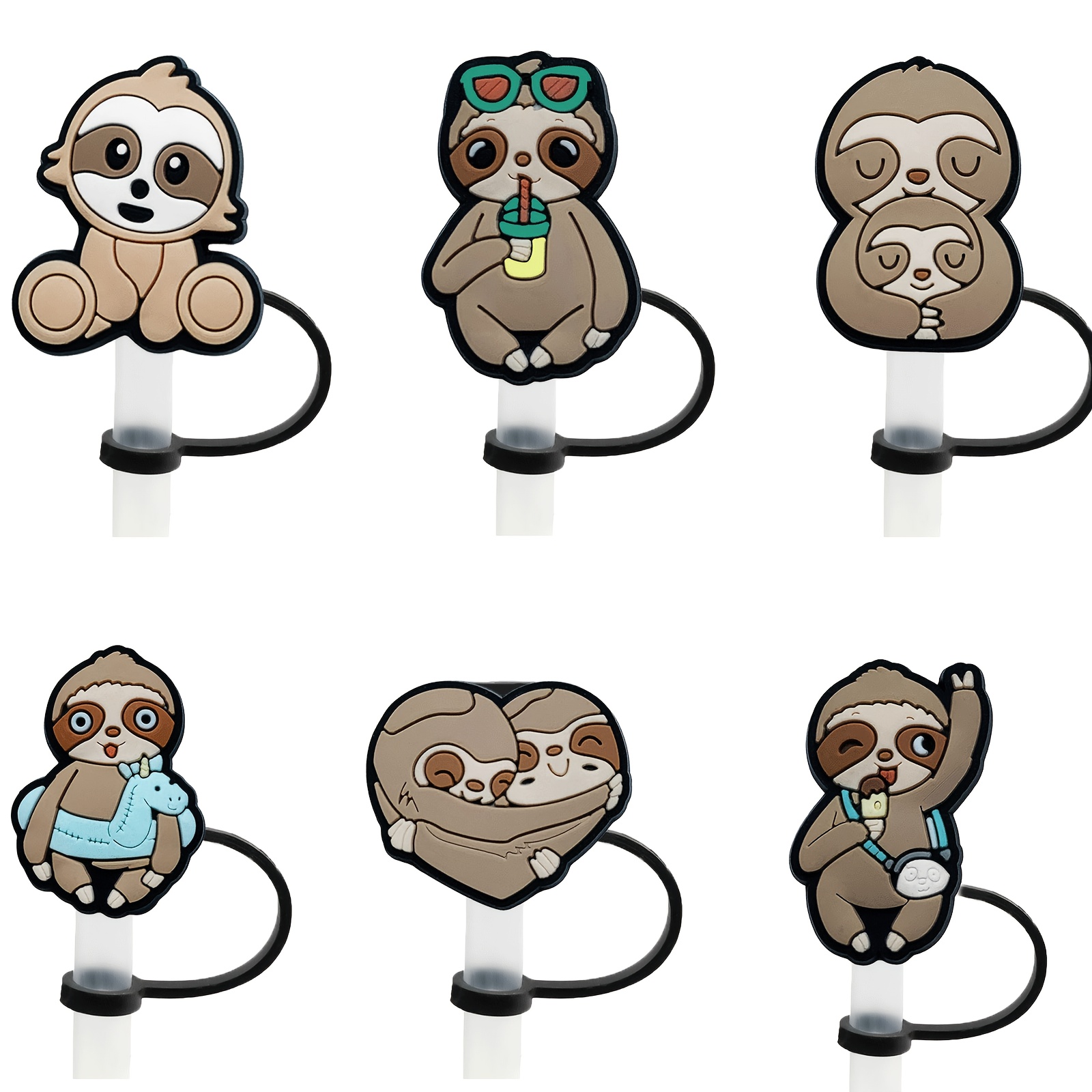 6pcs Cute Animal Sloth Straw Covers, Reusable Dustproof Straw Plugs For 0.39in/10mm Straws