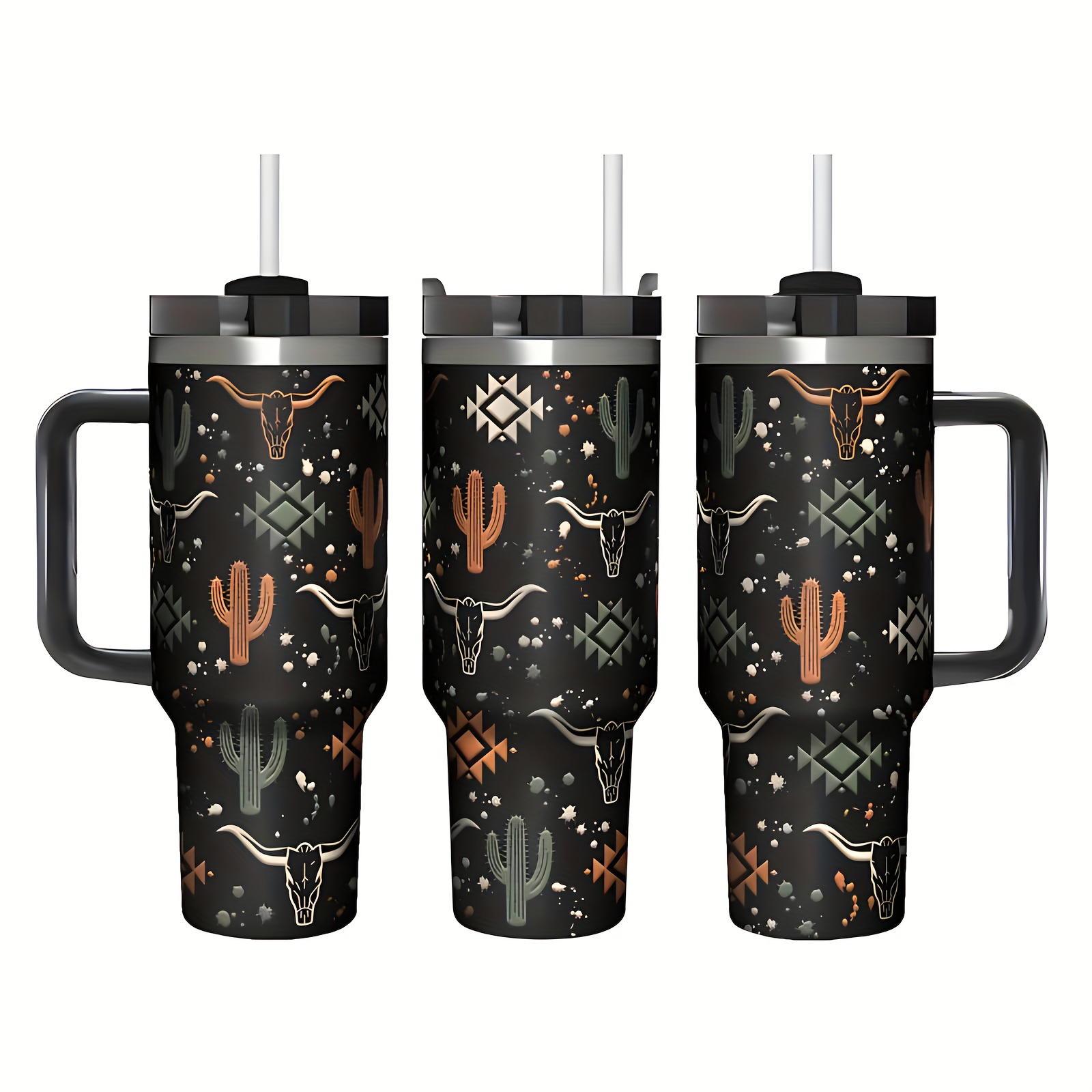 TEMU 1pc 40oz Western Cowboy Cactus & Bull Stainless Steel Water Bottle With Lid & Straw - Insulated Bottle Cup For Camping,, Ranch - Southwestern Gift For (cowhide-like Texture)