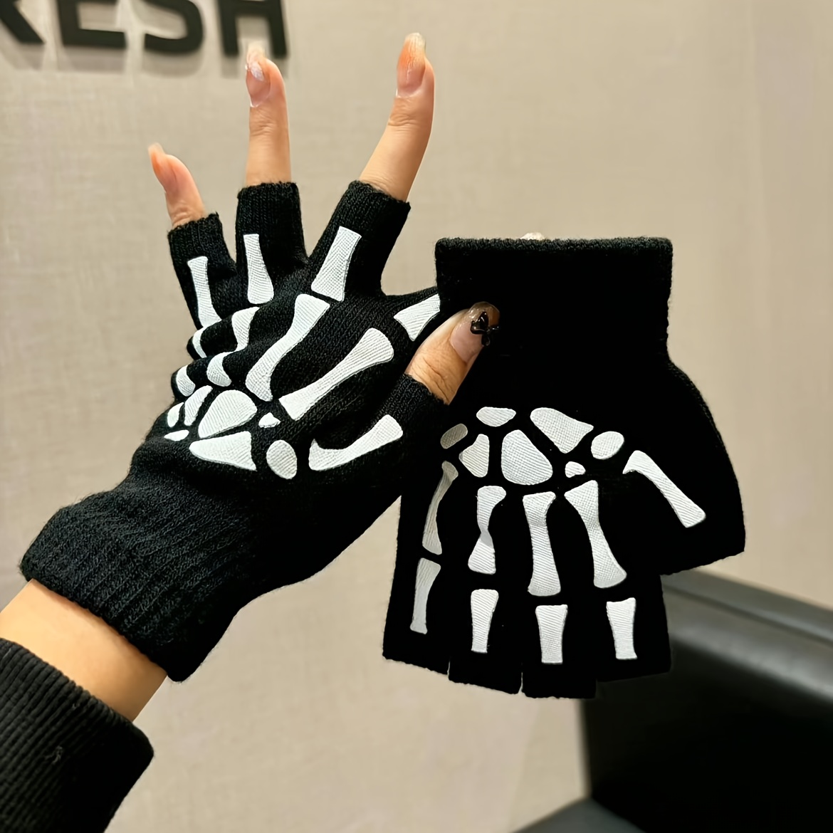 skeleton fingerless gloves sold on Temu United States