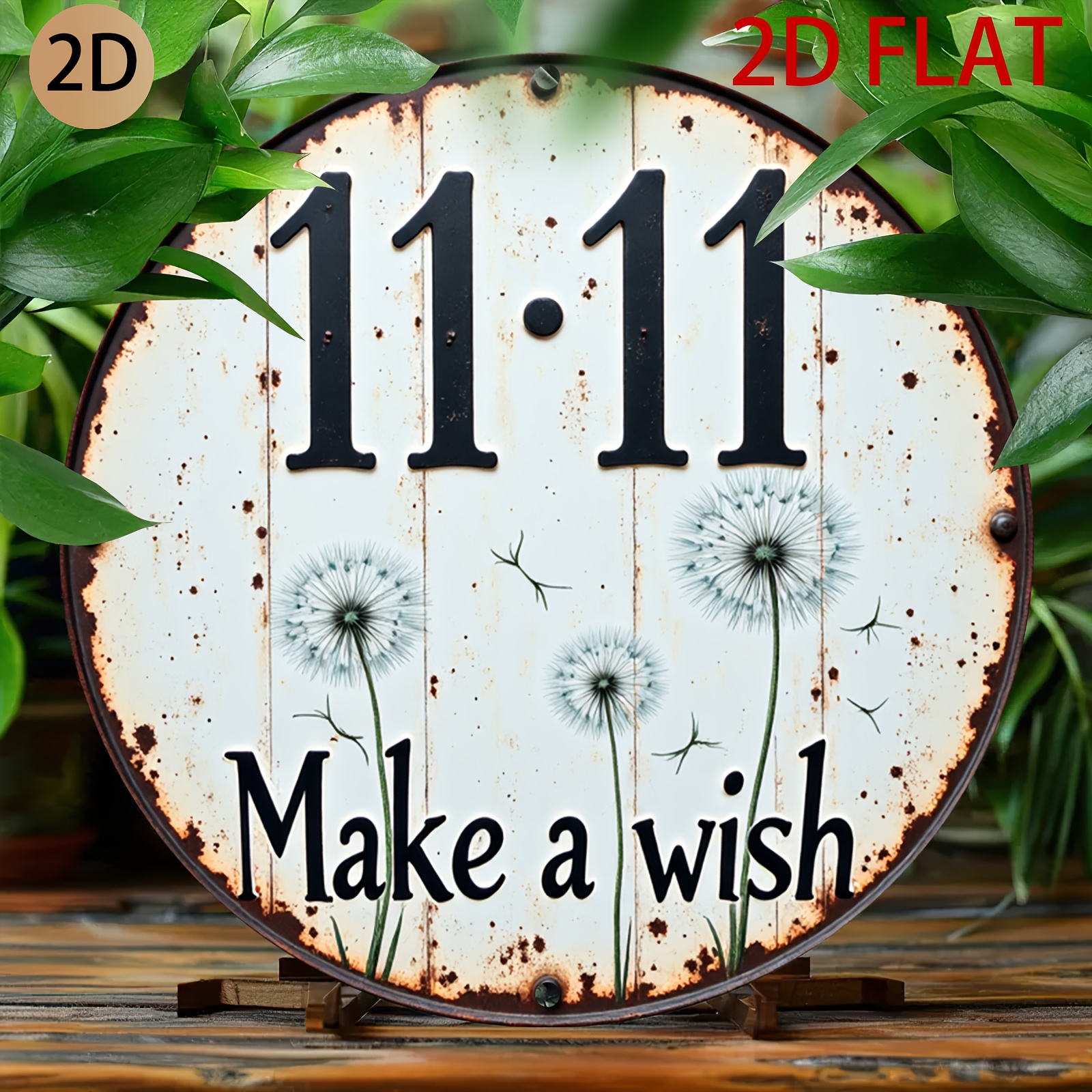 TEMU 2d Flat - A Round, Weathered Metal Sign Featuring Dandelions And 'make ', Decorating Your For Home Or Café