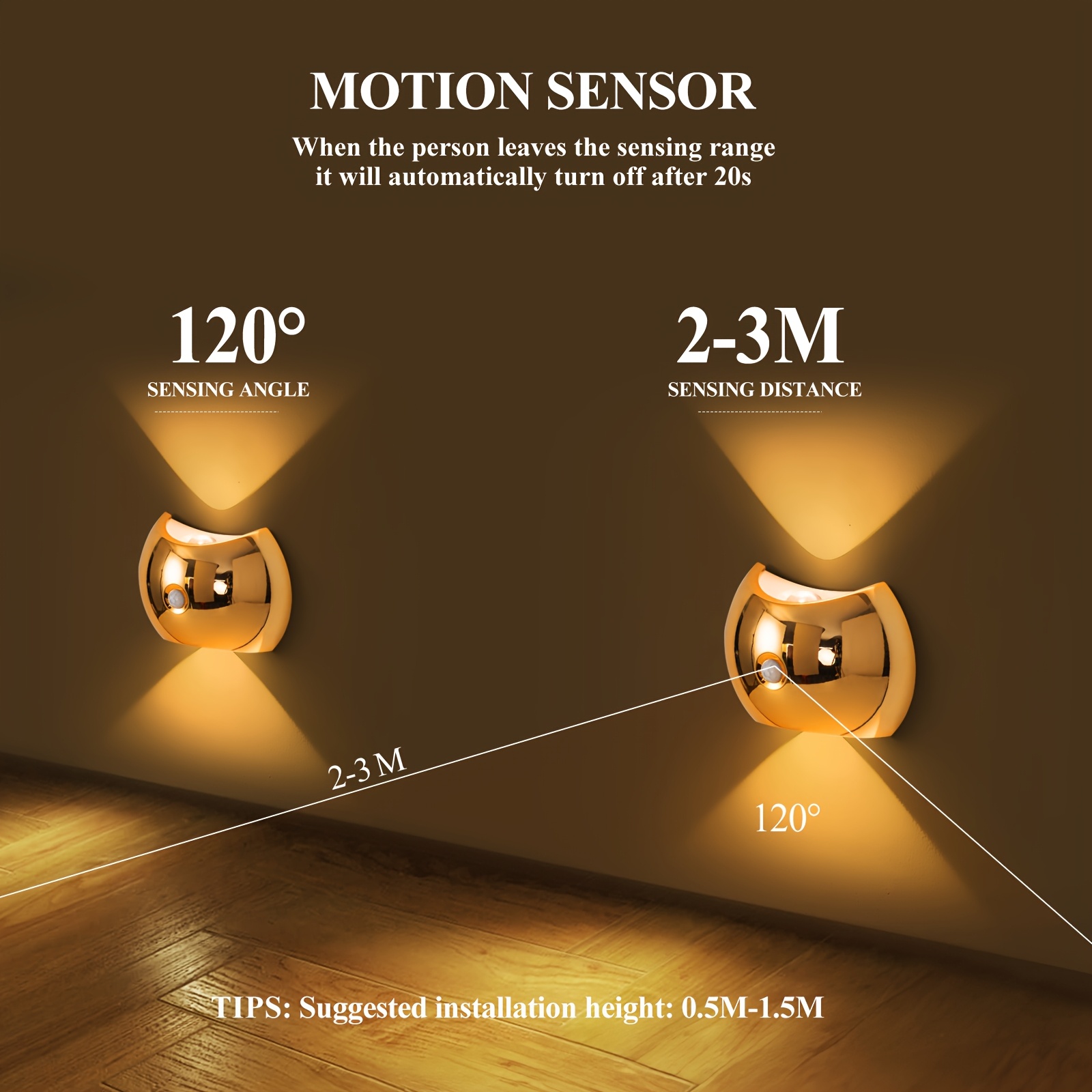 Luz Nocturna LED Moderna con Sensor de Movimiento - Lámpara Recargable de Pared con Brillo Ajustable, Luz de Pantalla Inalámbrica Adecuada para Dormitorios y Salas de Estar, Disponible en Dorado, Cromo y Grano de Madera, Alimentada por Batería, Lámpara de Pared para Dormitorio