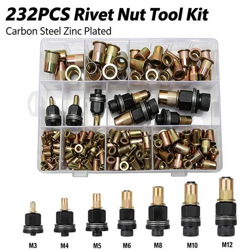 item picture 232pcs rivet nut tool set galvanized carbon steel rivet nuts m12 multi specification rivet nut and screw combo with storage case for automotive furniture hardware diy fasteners