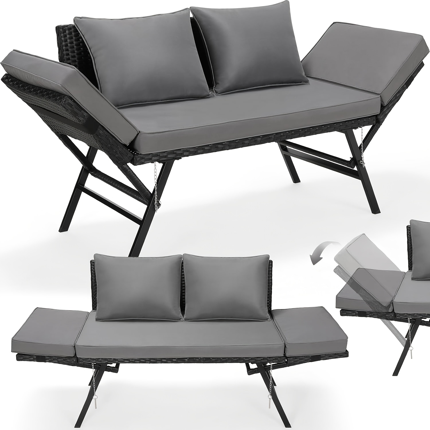 Image of Polyrattan Garden Bench, 2-seater Sofa With Reclining Function, Garden Lounge Chair With Cushions, Polyrattan Furniture With Adjustable Armrests, Garden Bench For Balcony, Terrace, Garden